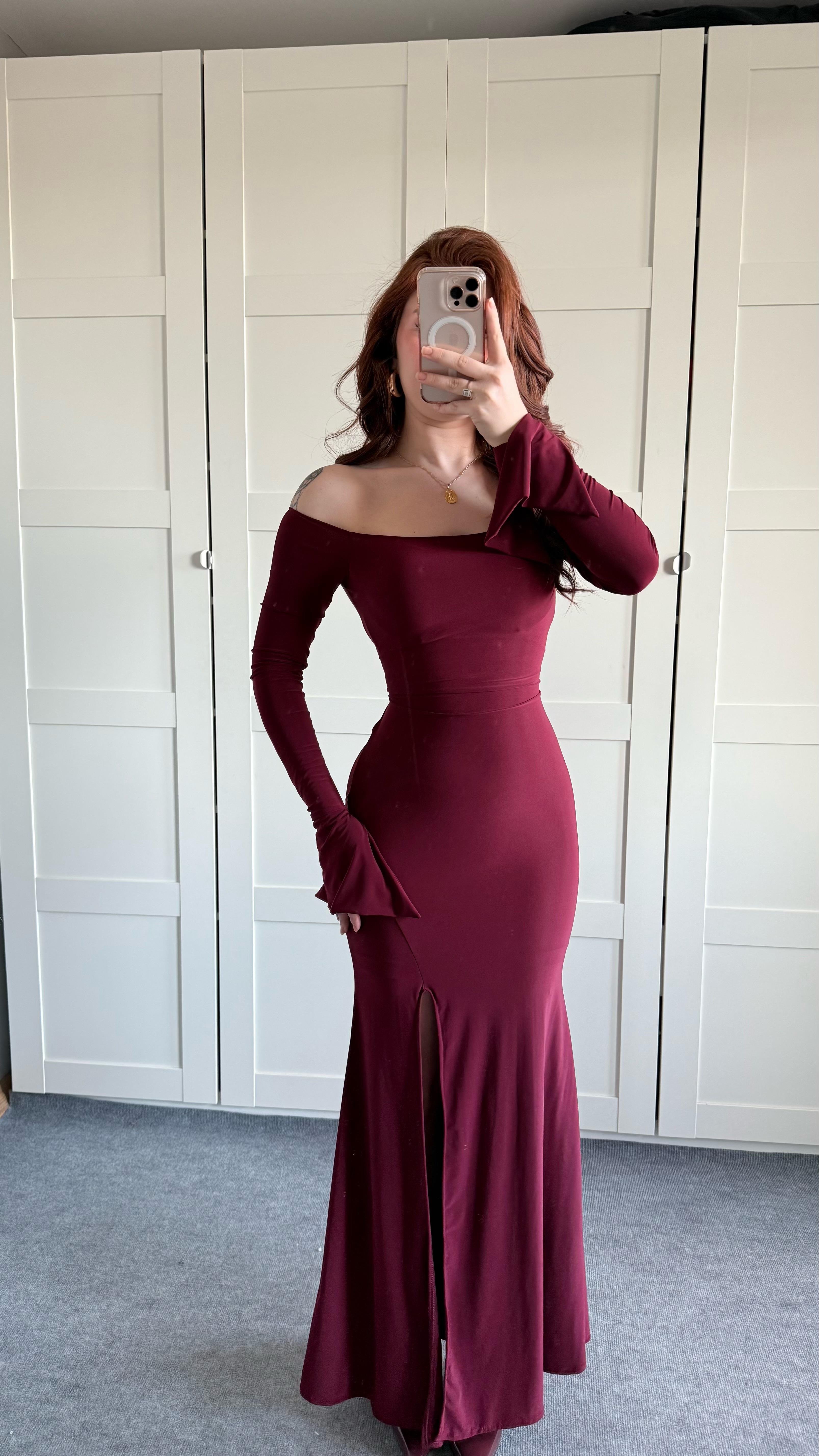 Kayık Yaka Belden Bağlamalı Elbise Bordo