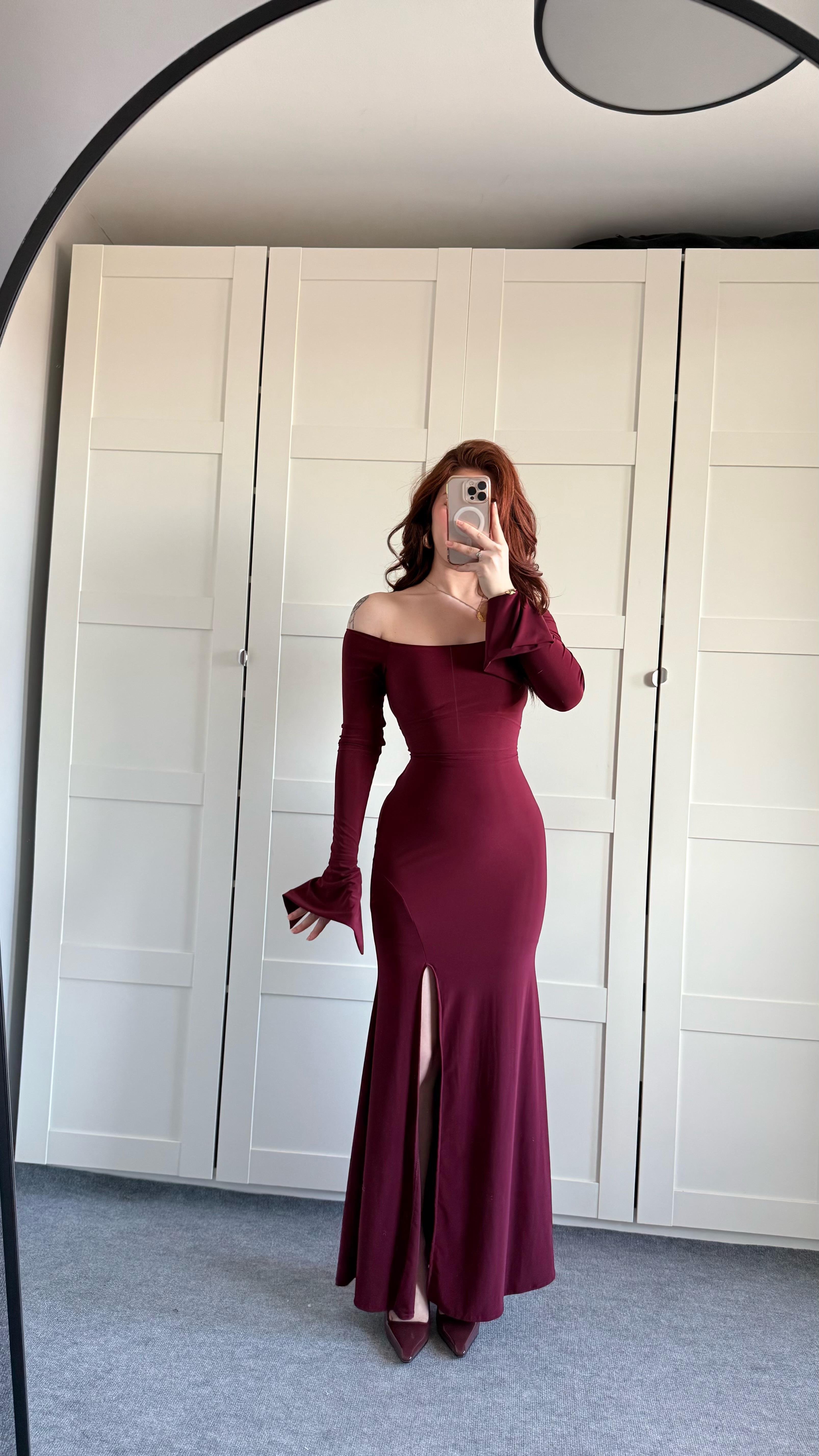 Kayık Yaka Belden Bağlamalı Elbise Bordo