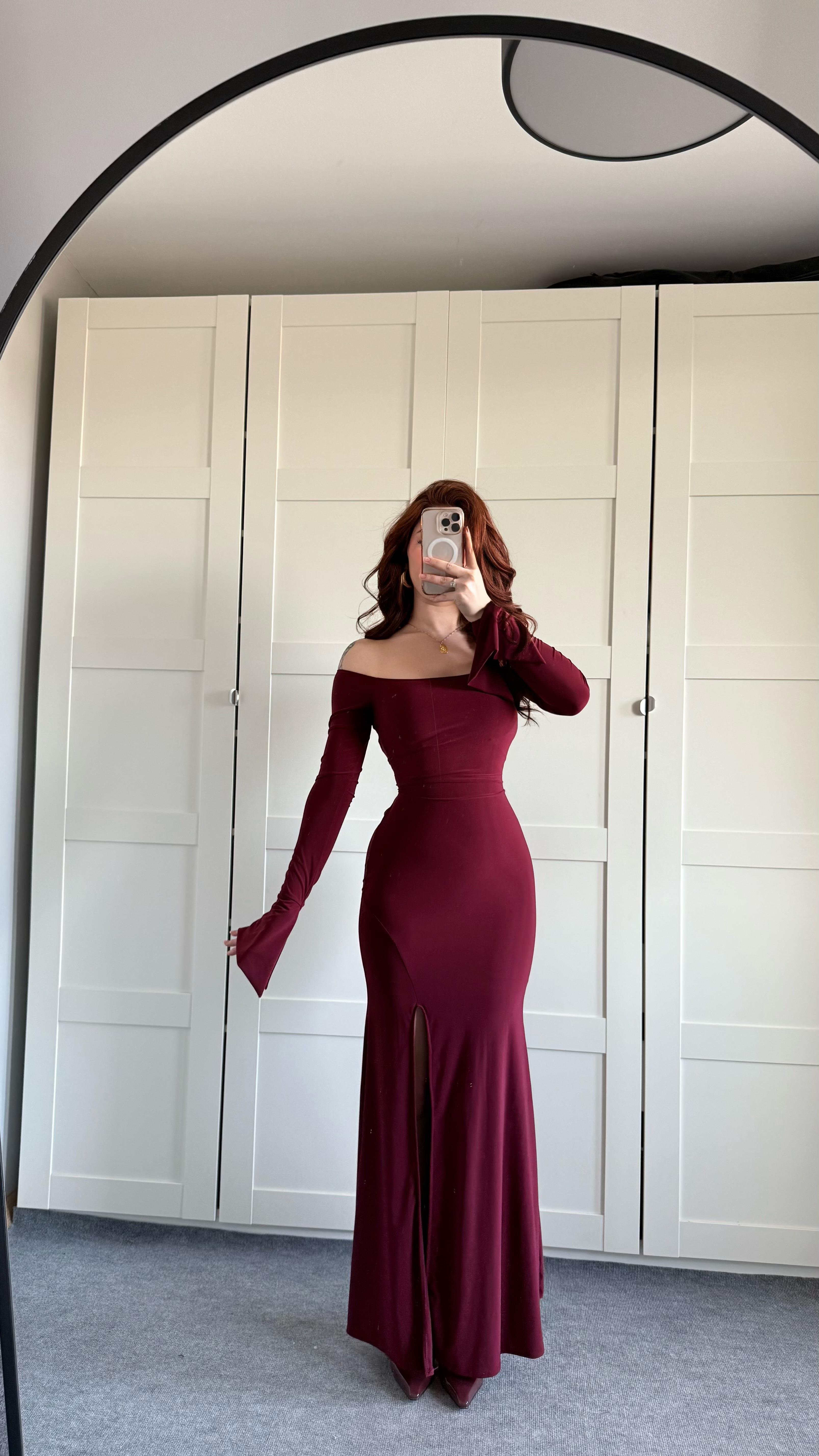 Kayık Yaka Belden Bağlamalı Elbise Bordo