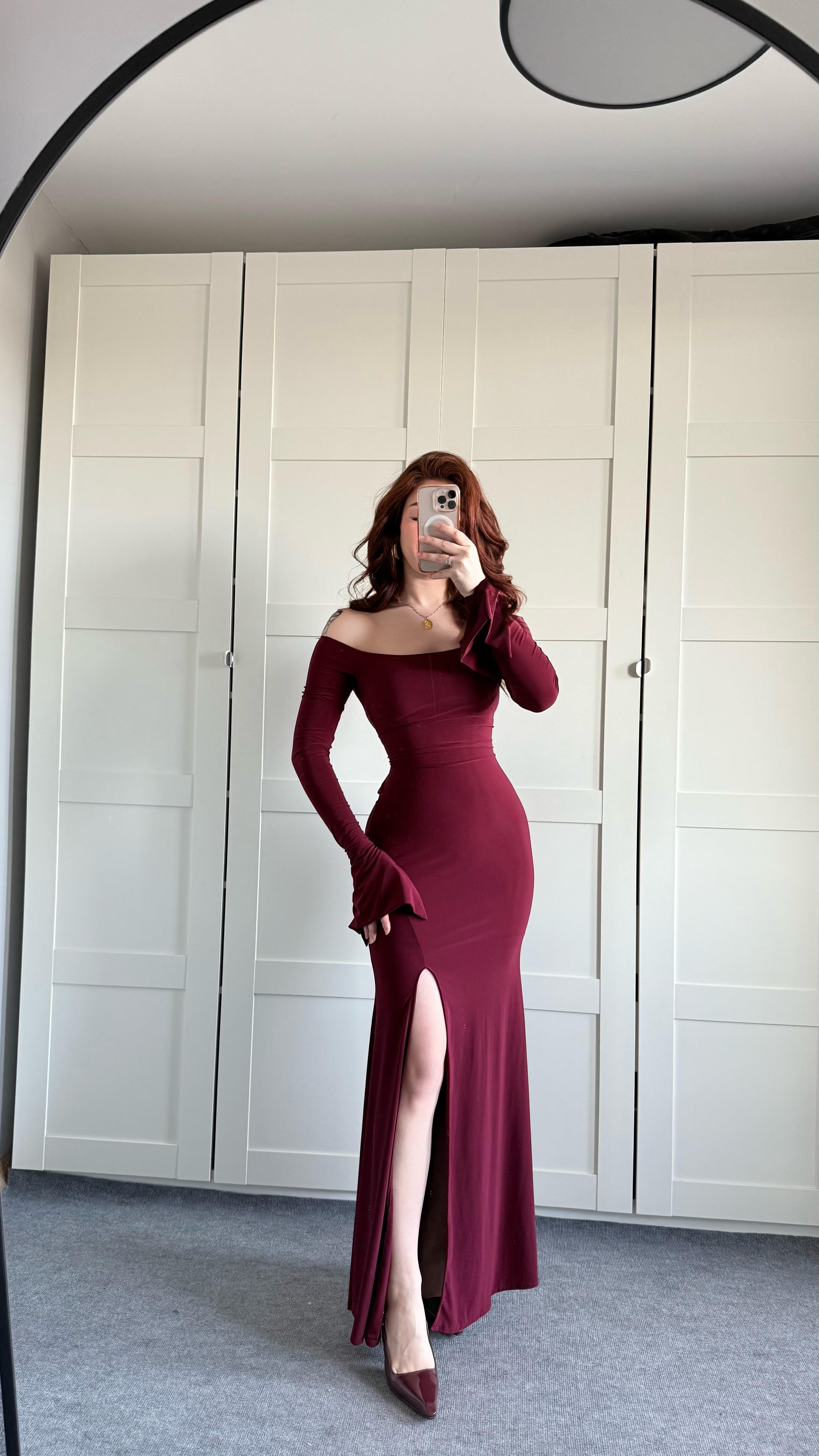 Kayık Yaka Belden Bağlamalı Elbise Bordo