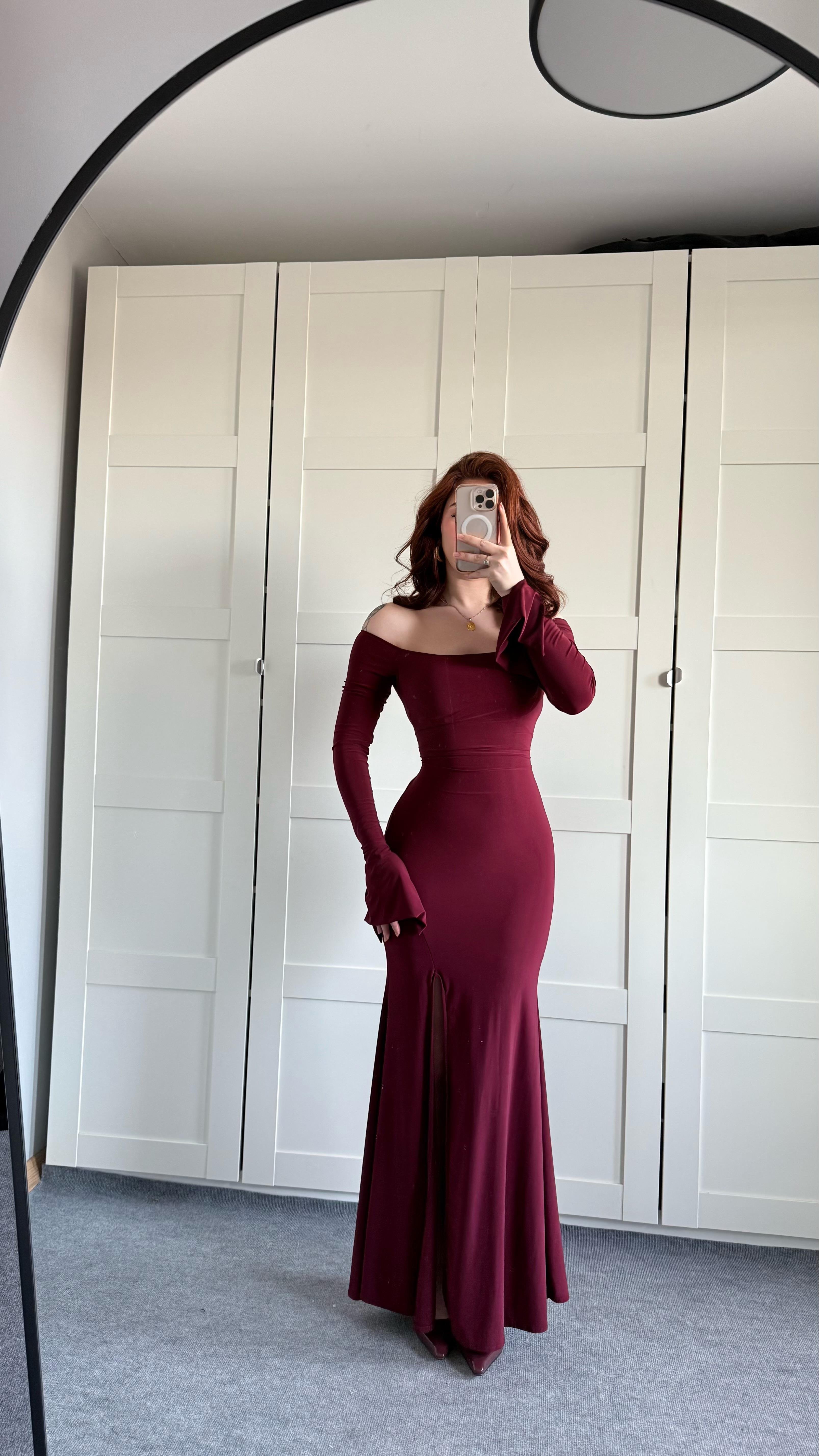 Kayık Yaka Belden Bağlamalı Elbise Bordo