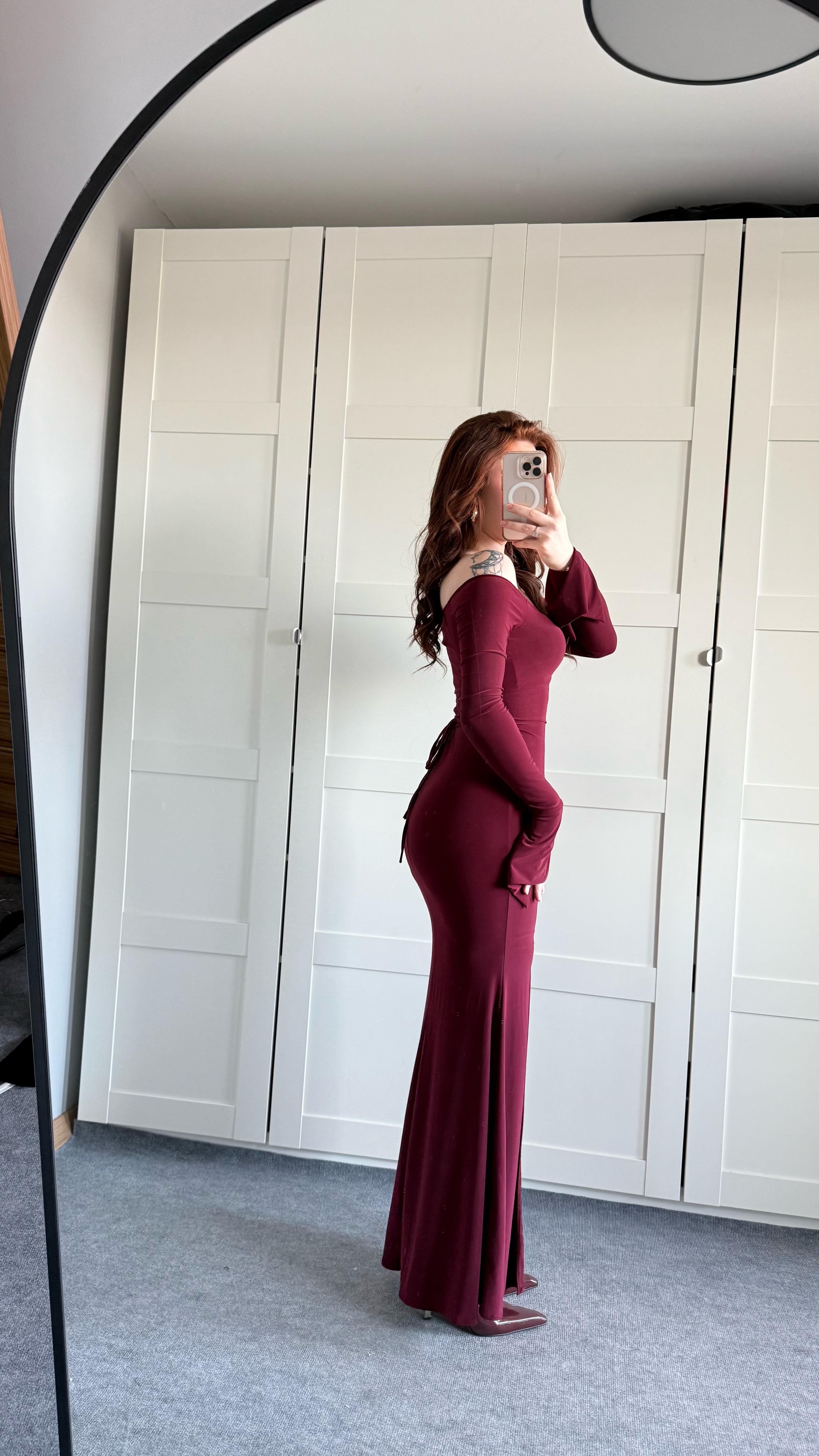 Kayık Yaka Belden Bağlamalı Elbise Bordo