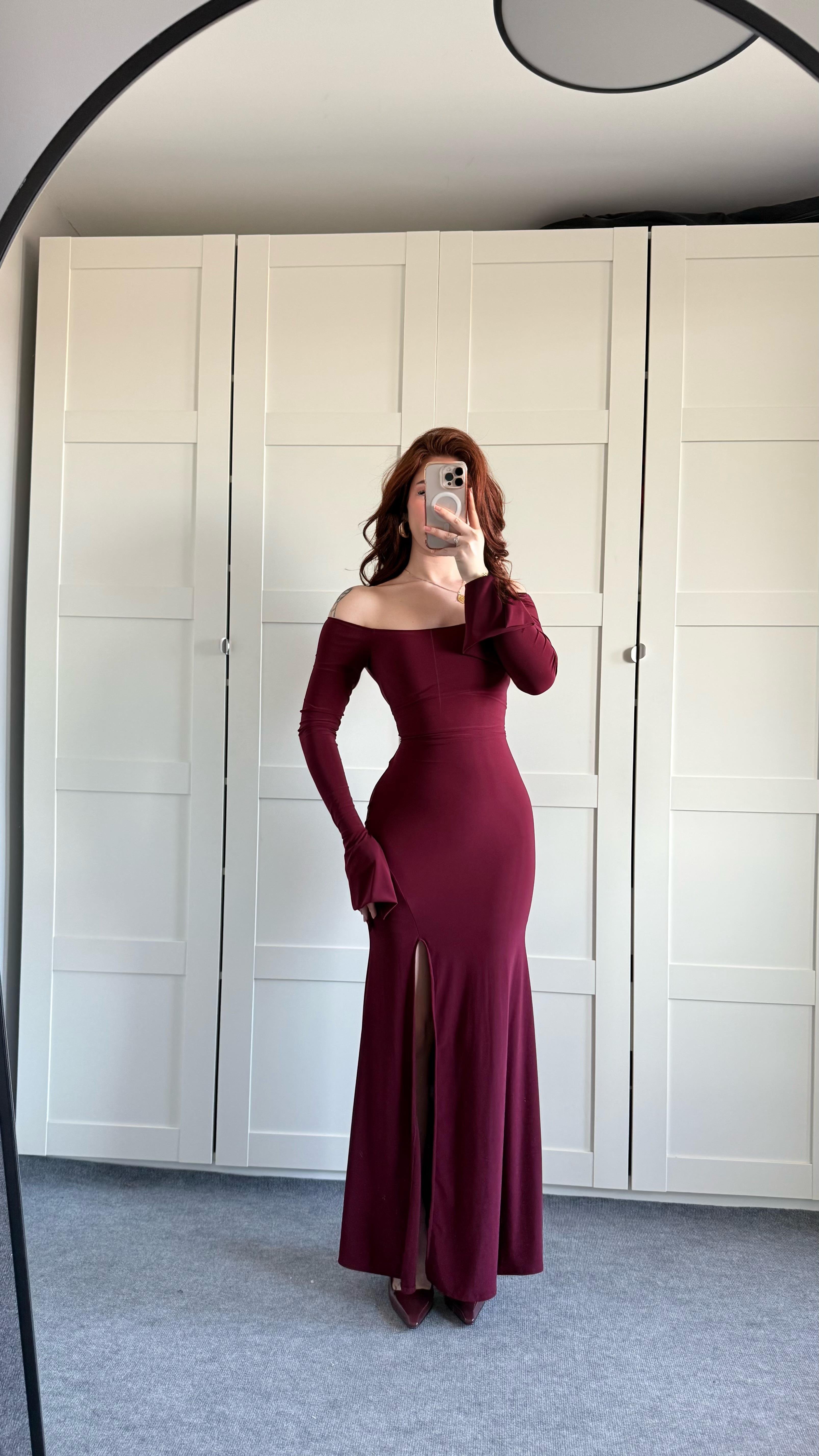 Kayık Yaka Belden Bağlamalı Elbise Bordo