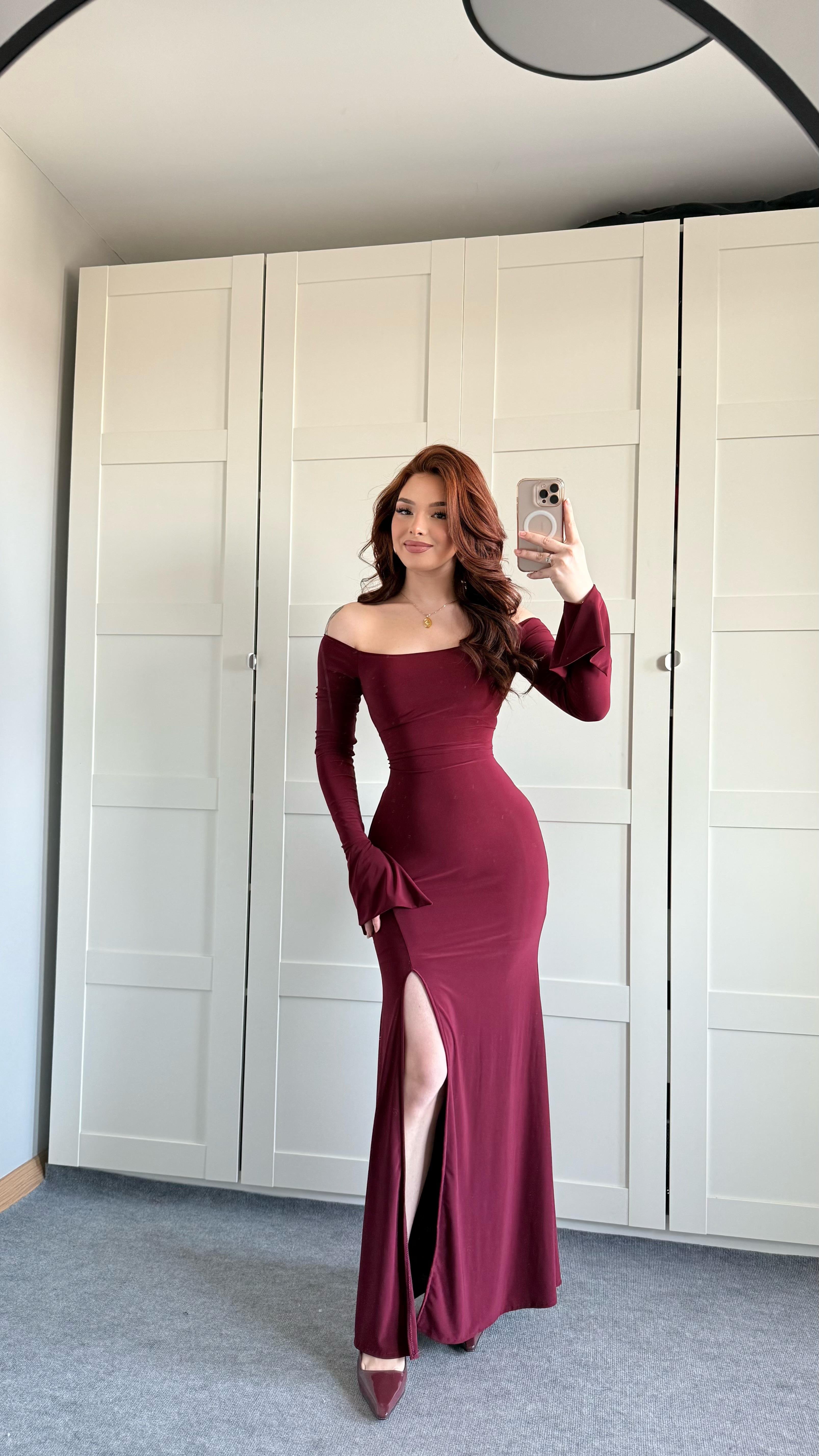 Kayık Yaka Belden Bağlamalı Elbise Bordo