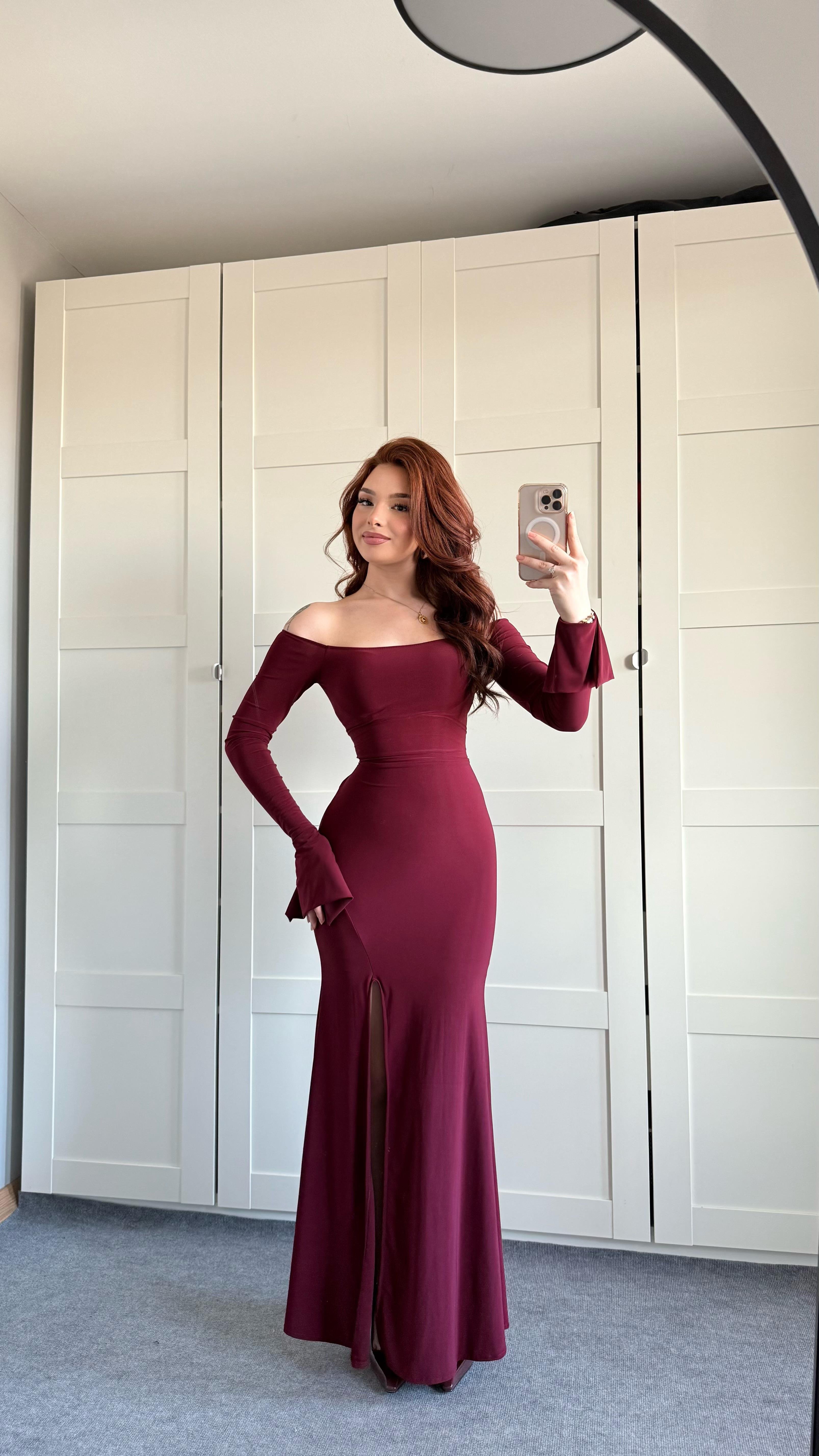 Kayık Yaka Belden Bağlamalı Elbise Bordo