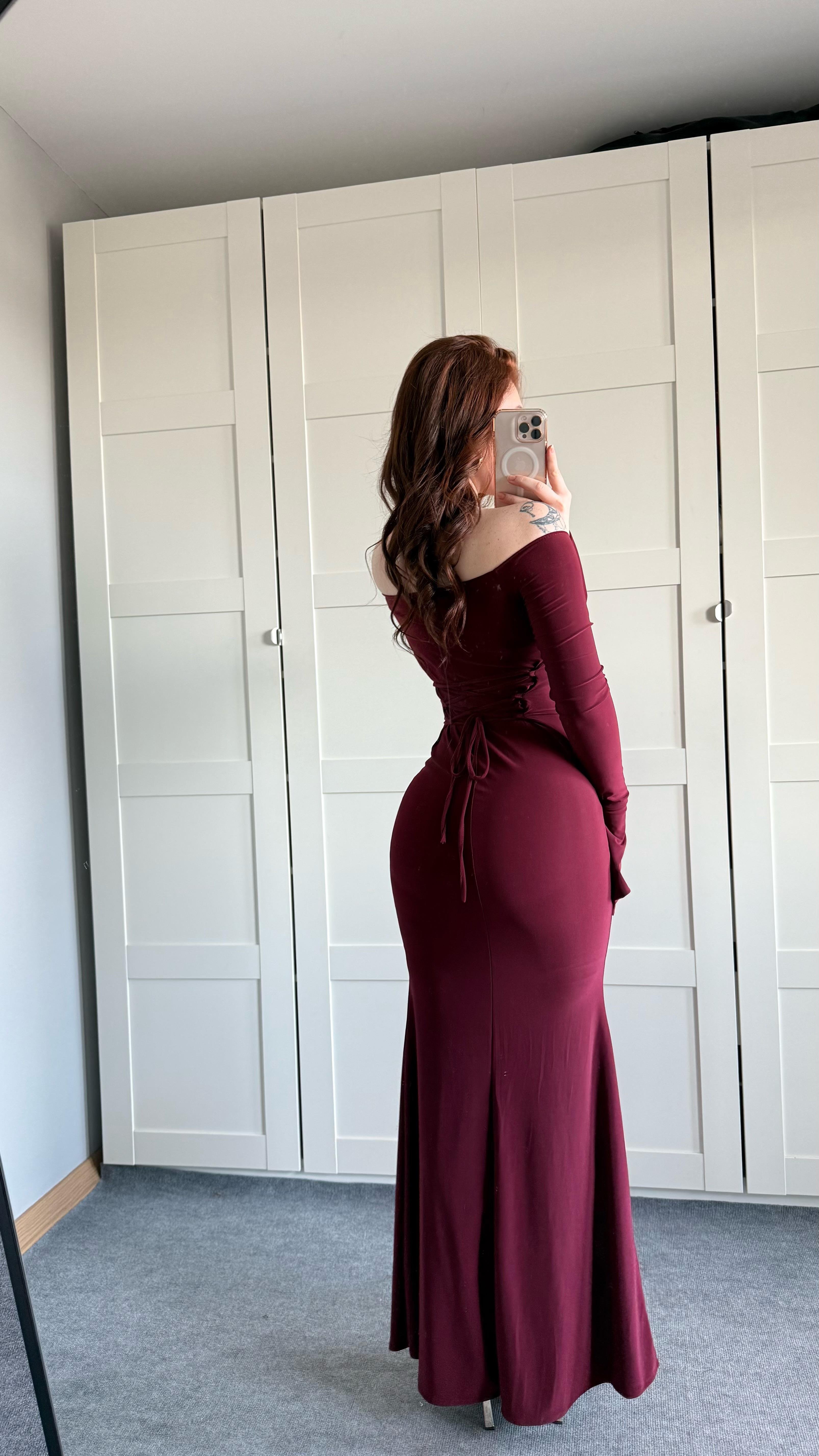 Kayık Yaka Belden Bağlamalı Elbise Bordo