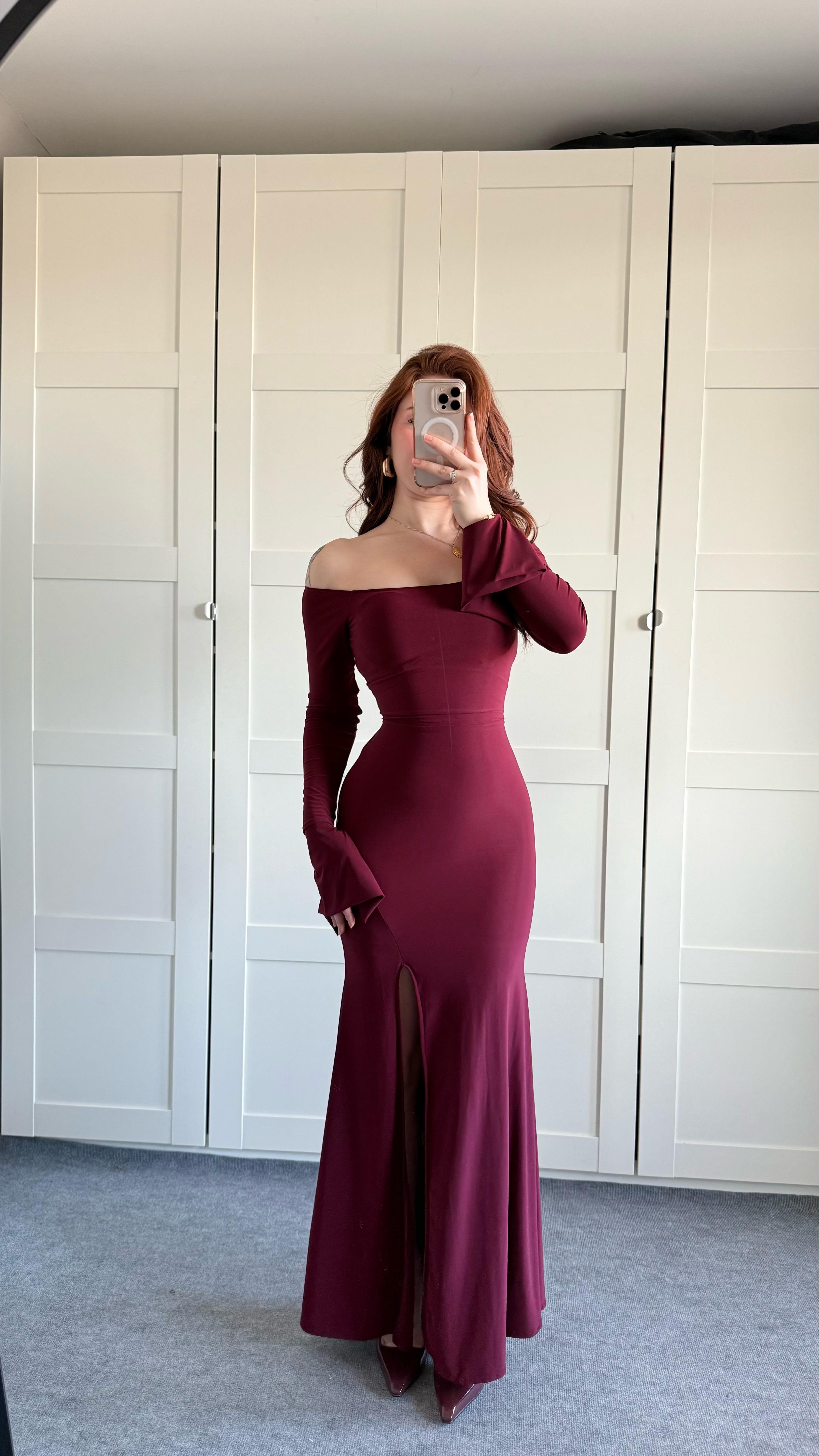 Kayık Yaka Belden Bağlamalı Elbise Bordo