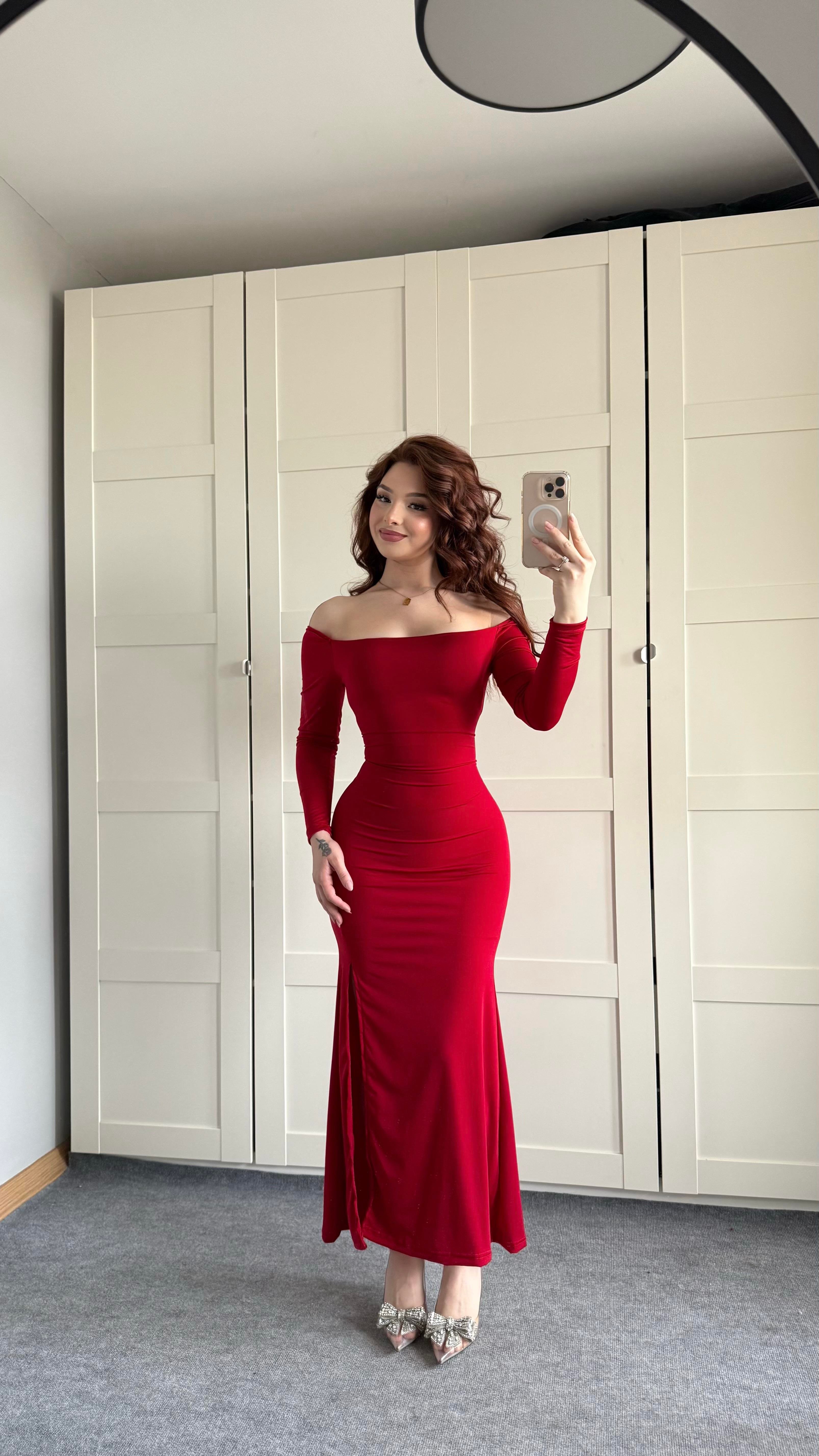 Kayık Yaka Belden Bağlamalı Elbise Kırmızı