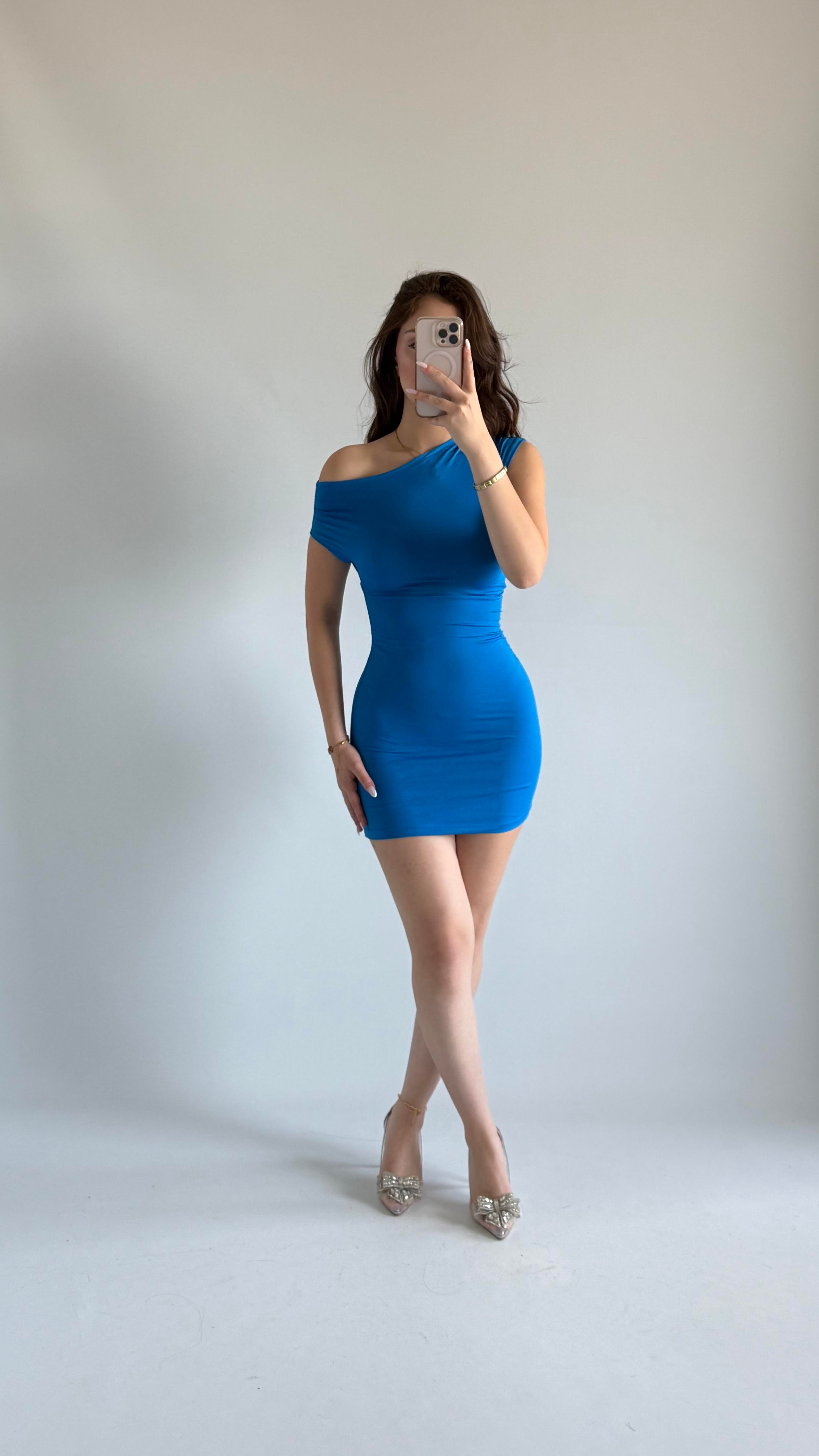 Kayık Yaka Mini Elbise Mavi