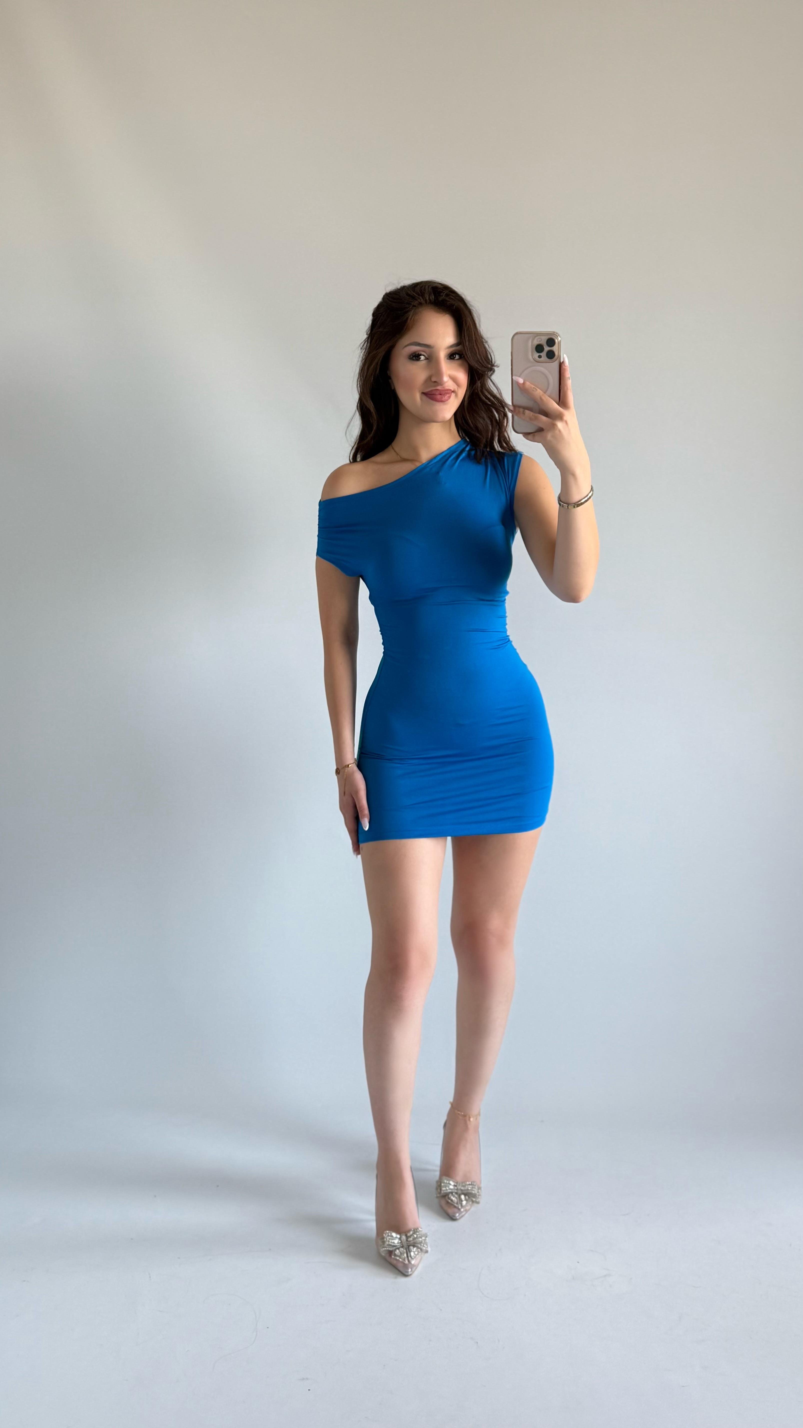 Kayık Yaka Mini Elbise Mavi