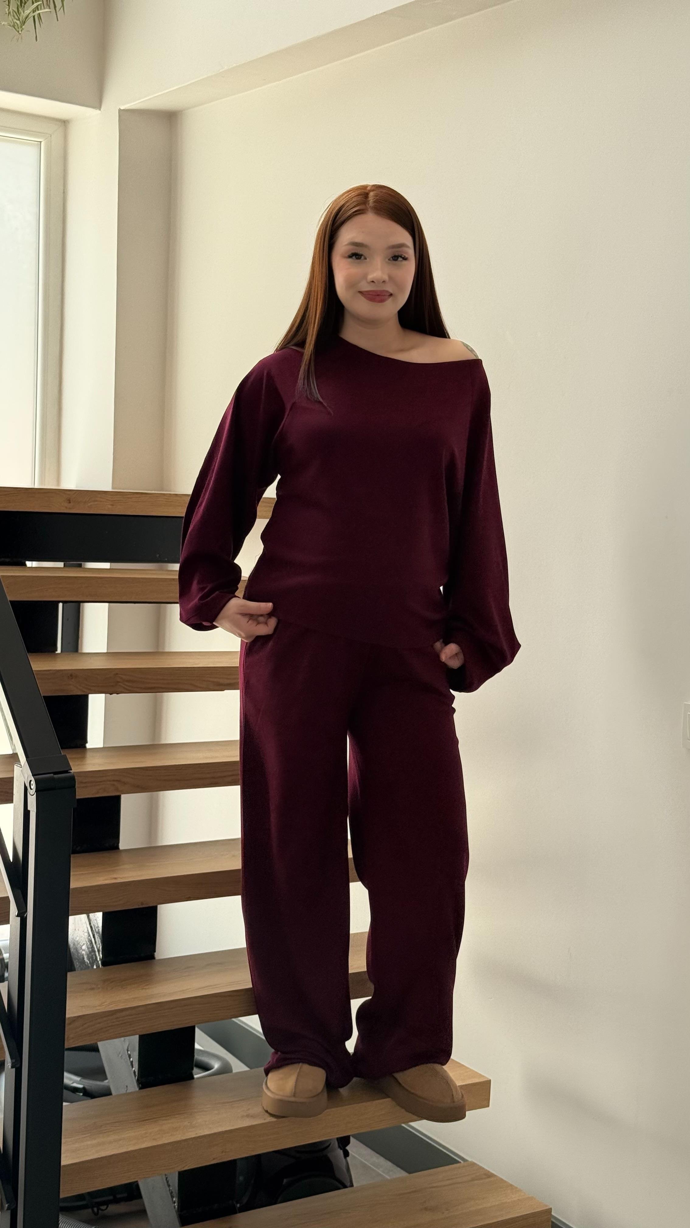 Kayık Yaka Modal Takım Bordo