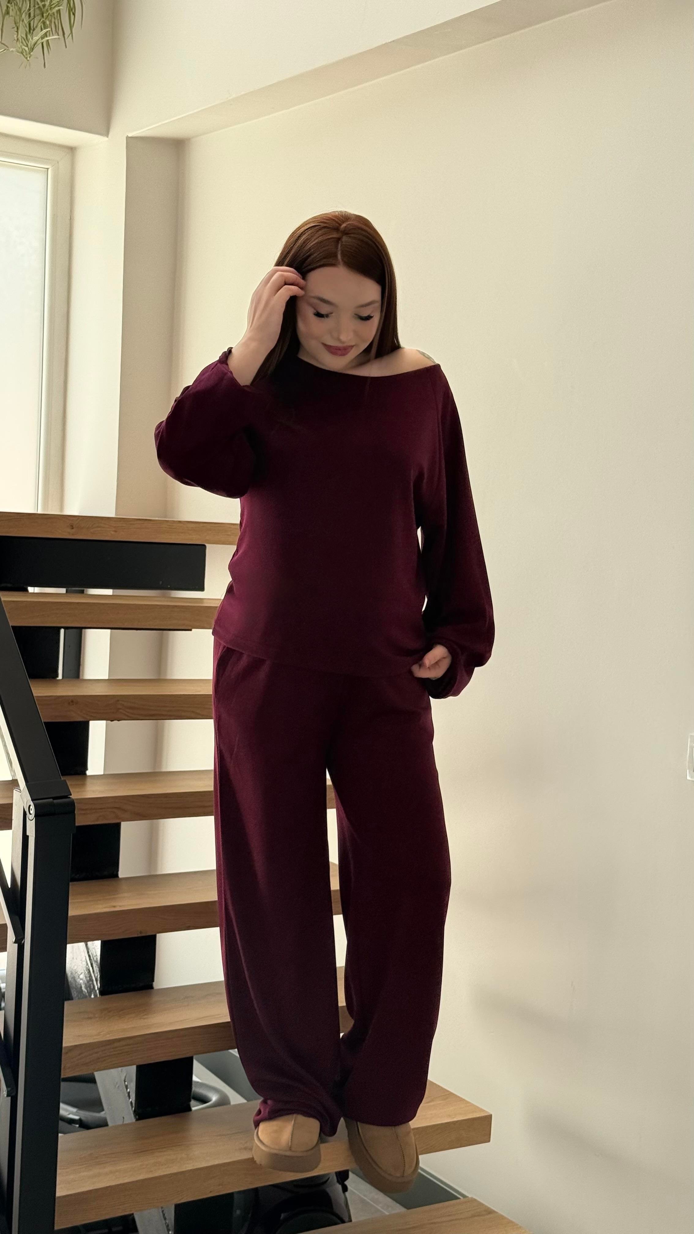 Kayık Yaka Modal Takım Bordo
