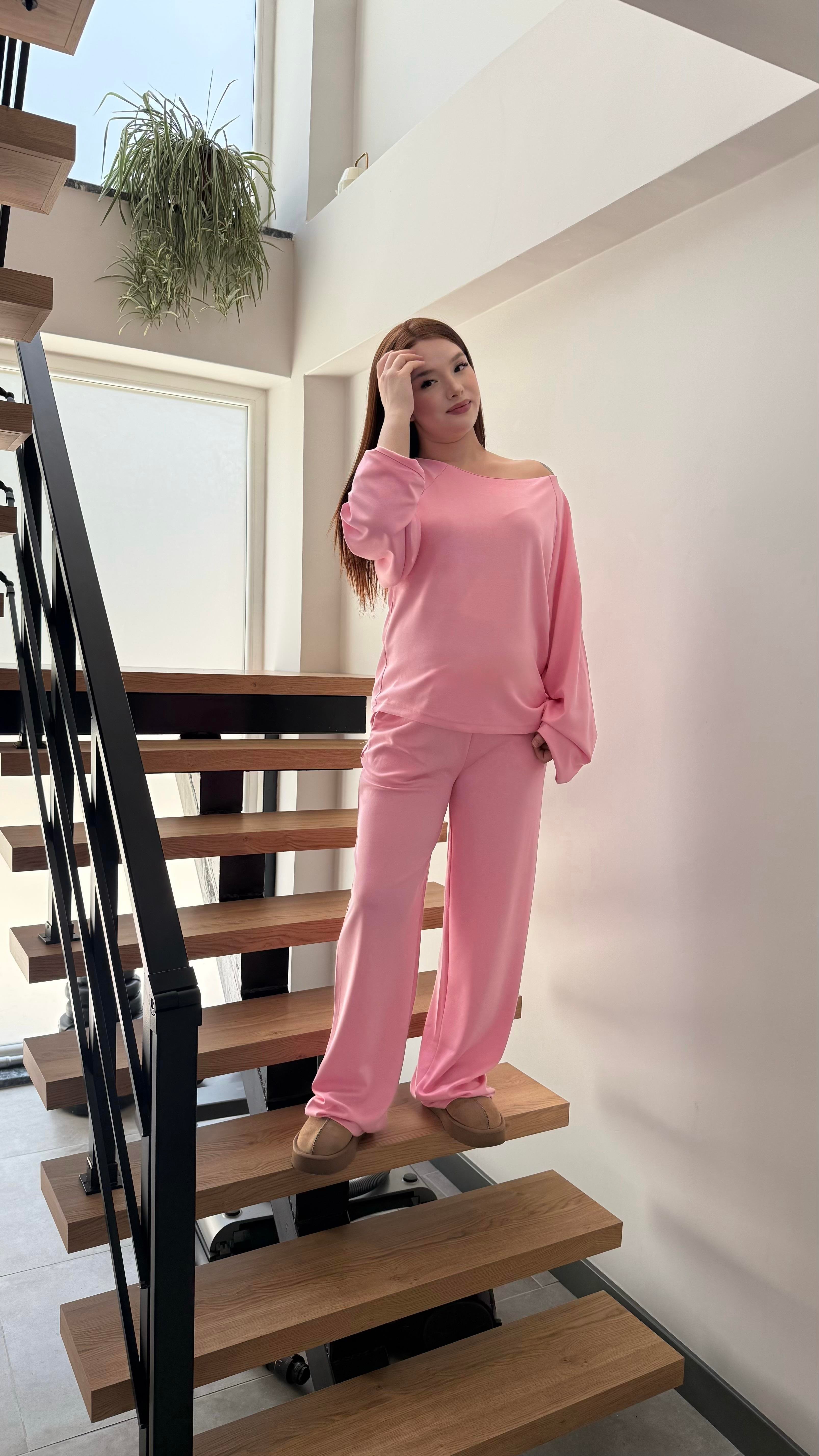 Kayık Yaka Modal Takım Pembe