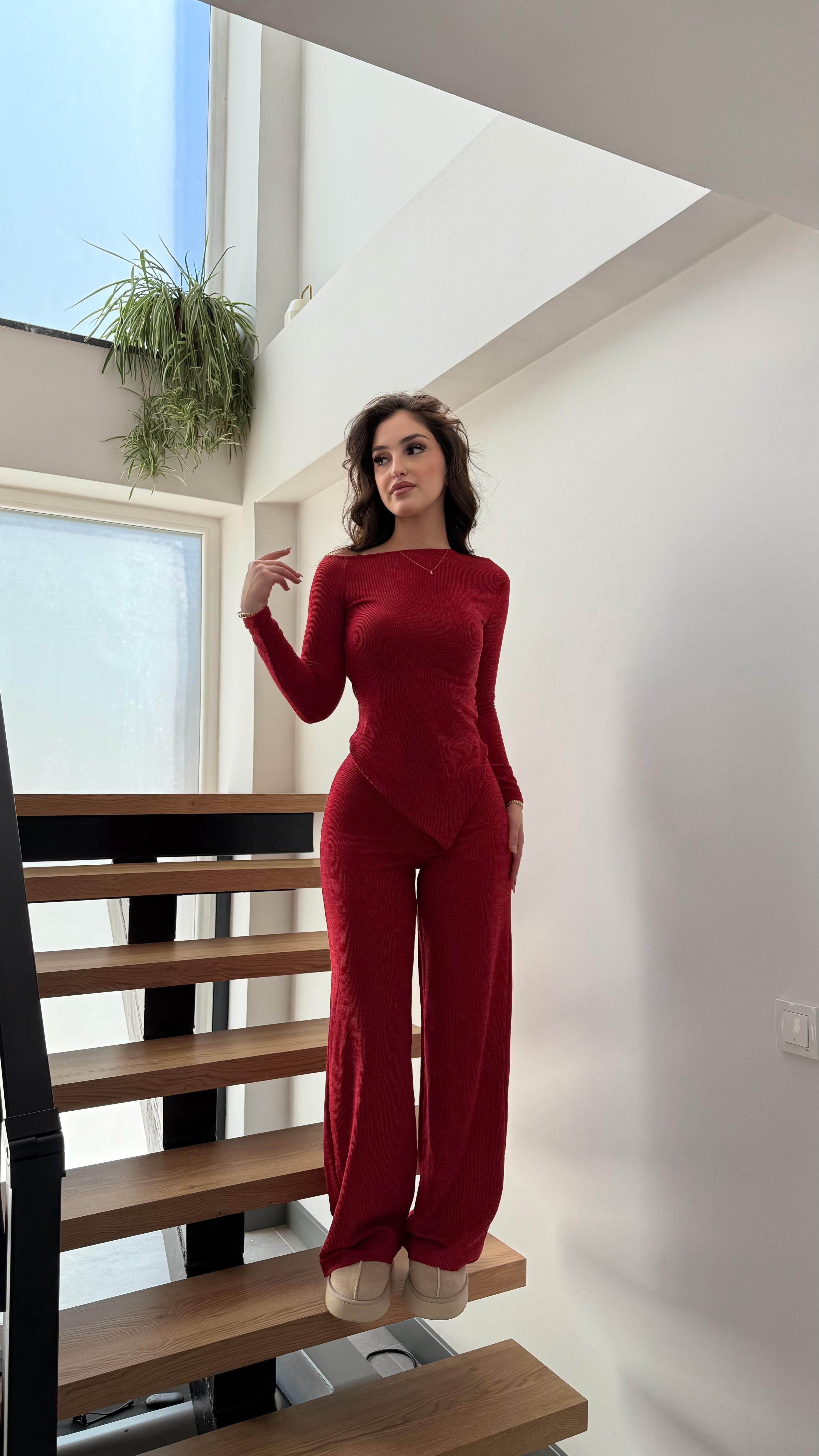 Kayık Yaka Örme İkili Takım Kırmızı 