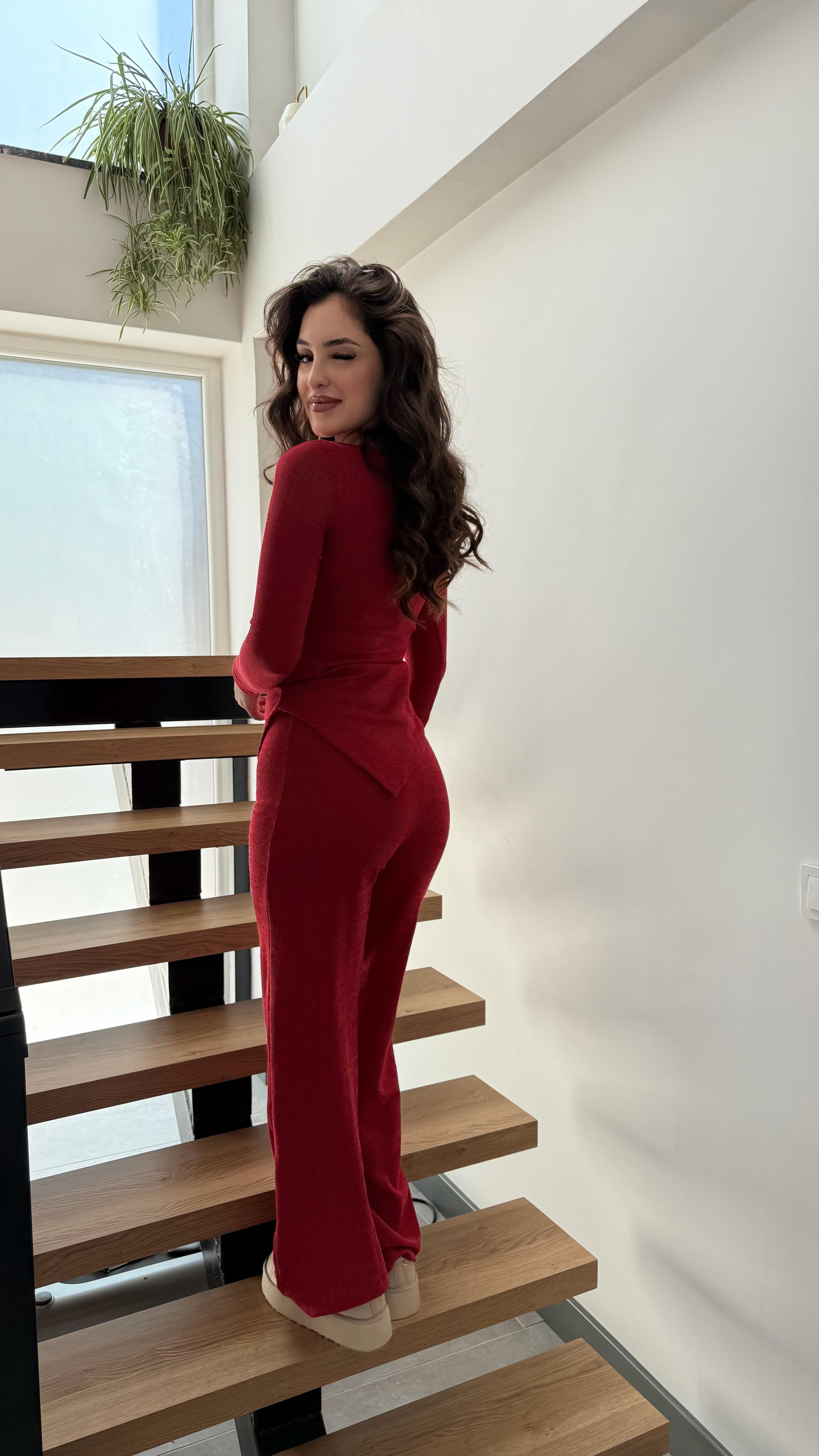 Kayık Yaka Örme İkili Takım Kırmızı 