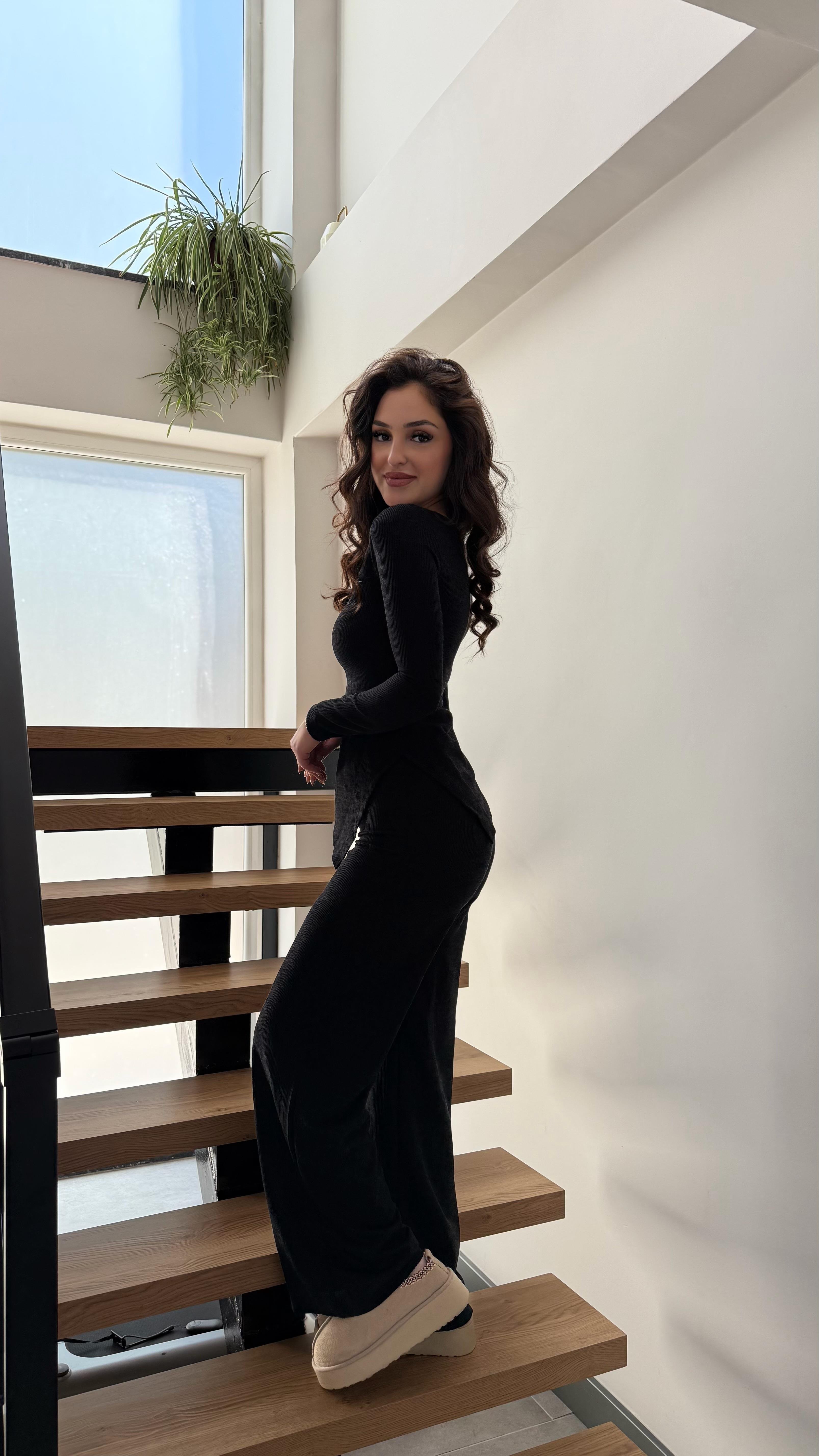 Kayık Yaka Örme İkili Takım Siyah