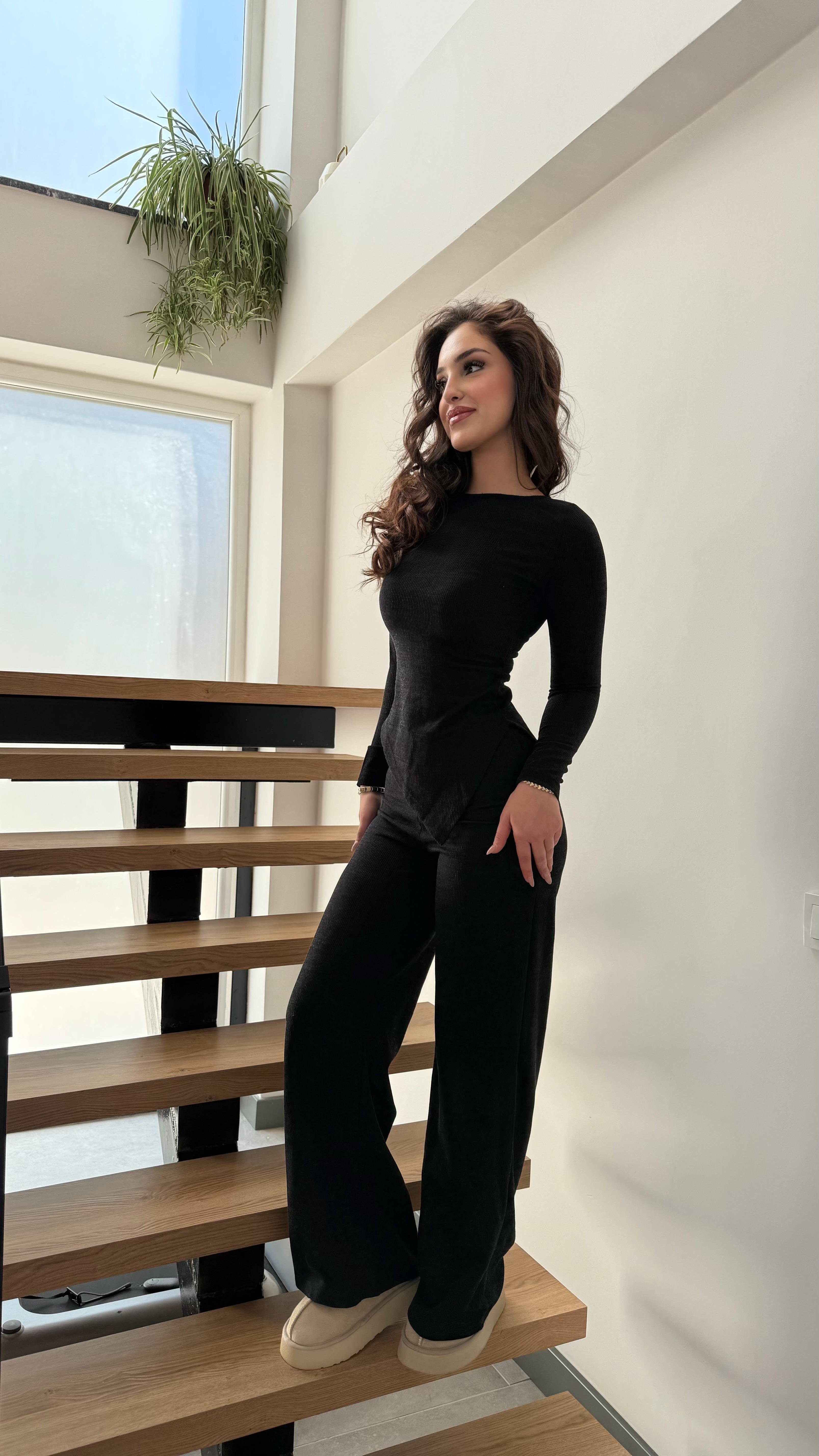 Kayık Yaka Örme İkili Takım Siyah