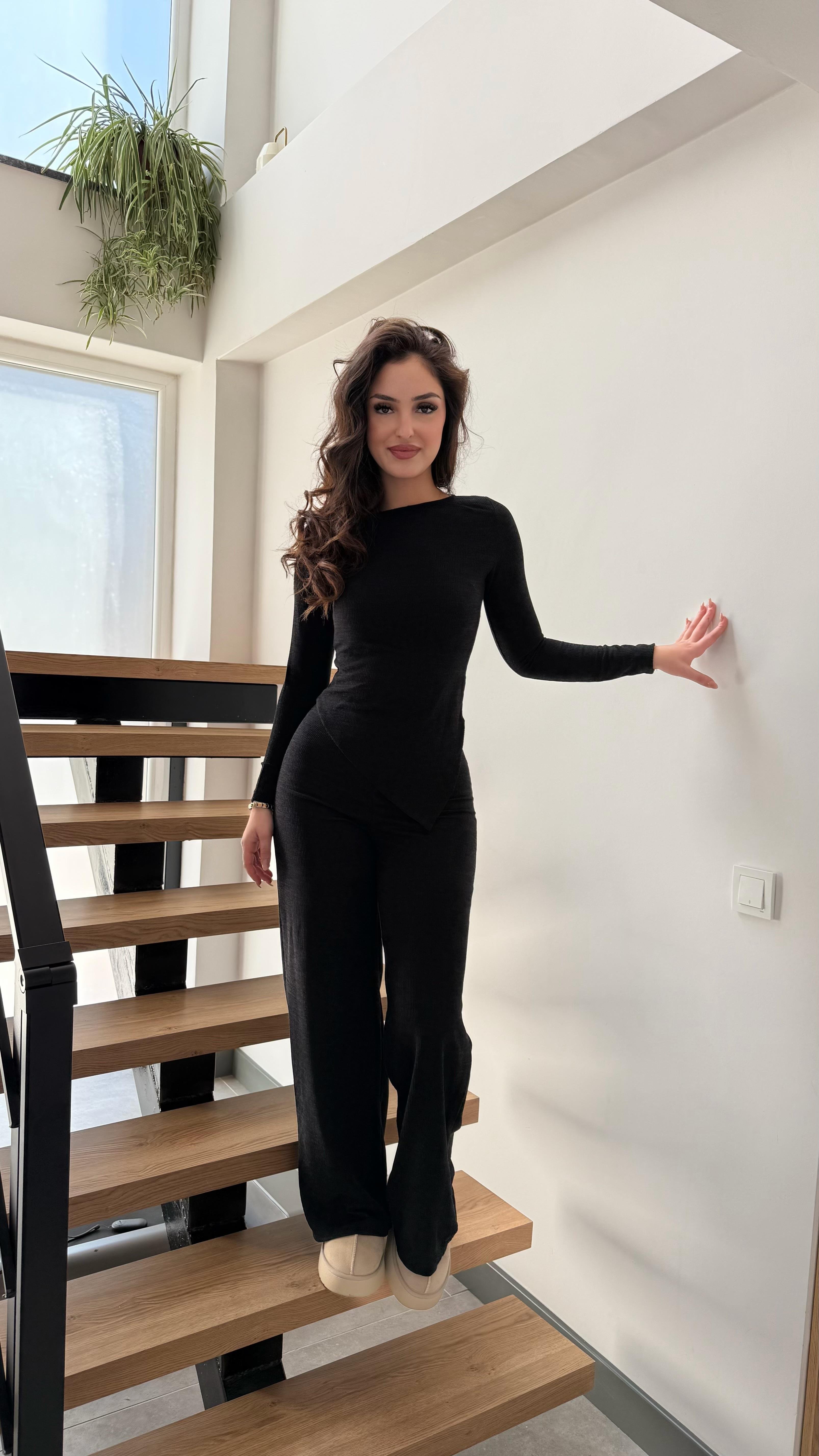 Kayık Yaka Örme İkili Takım Siyah