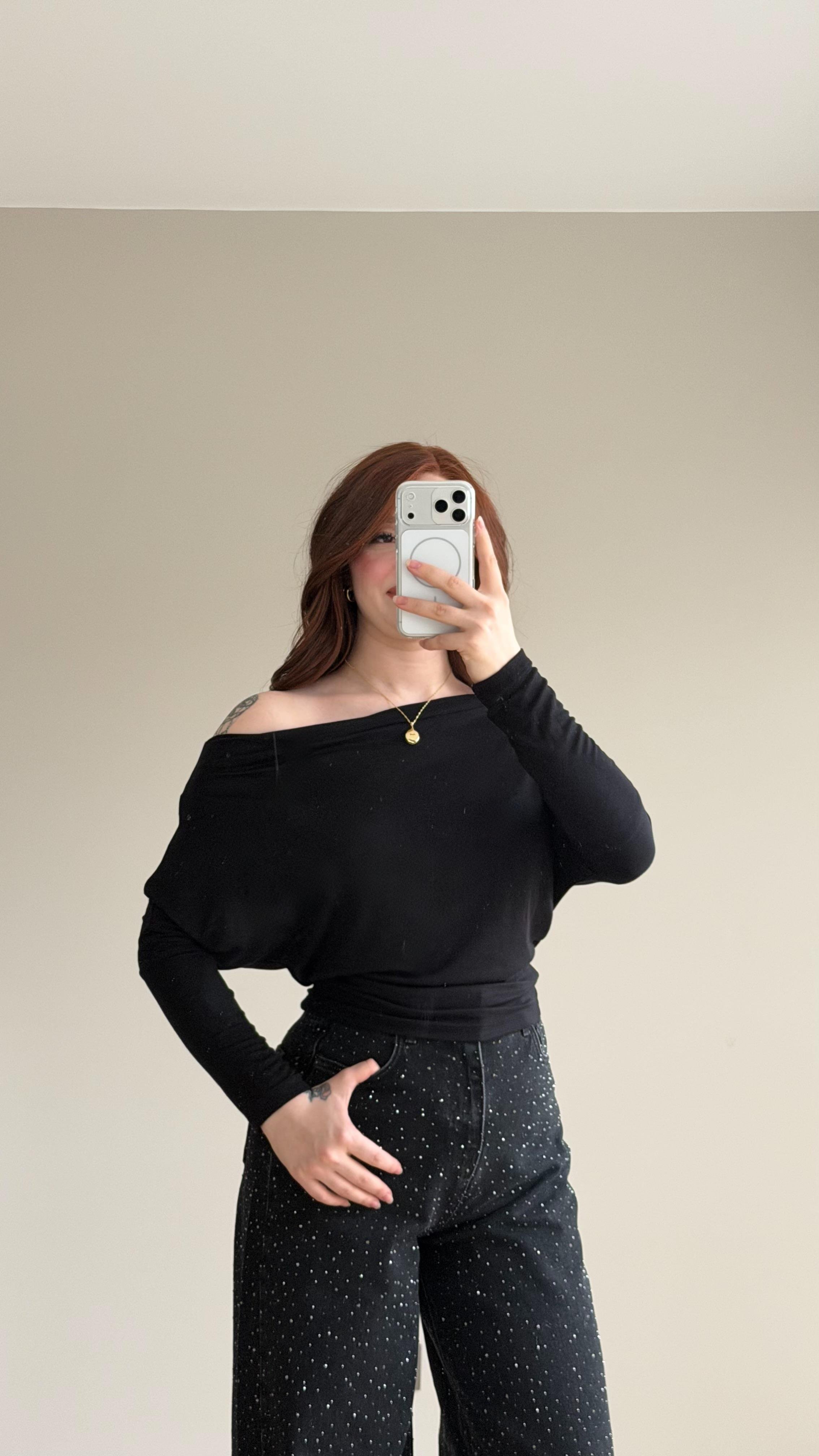 Kayık Yaka Salaş Basıc Bluz Siyah