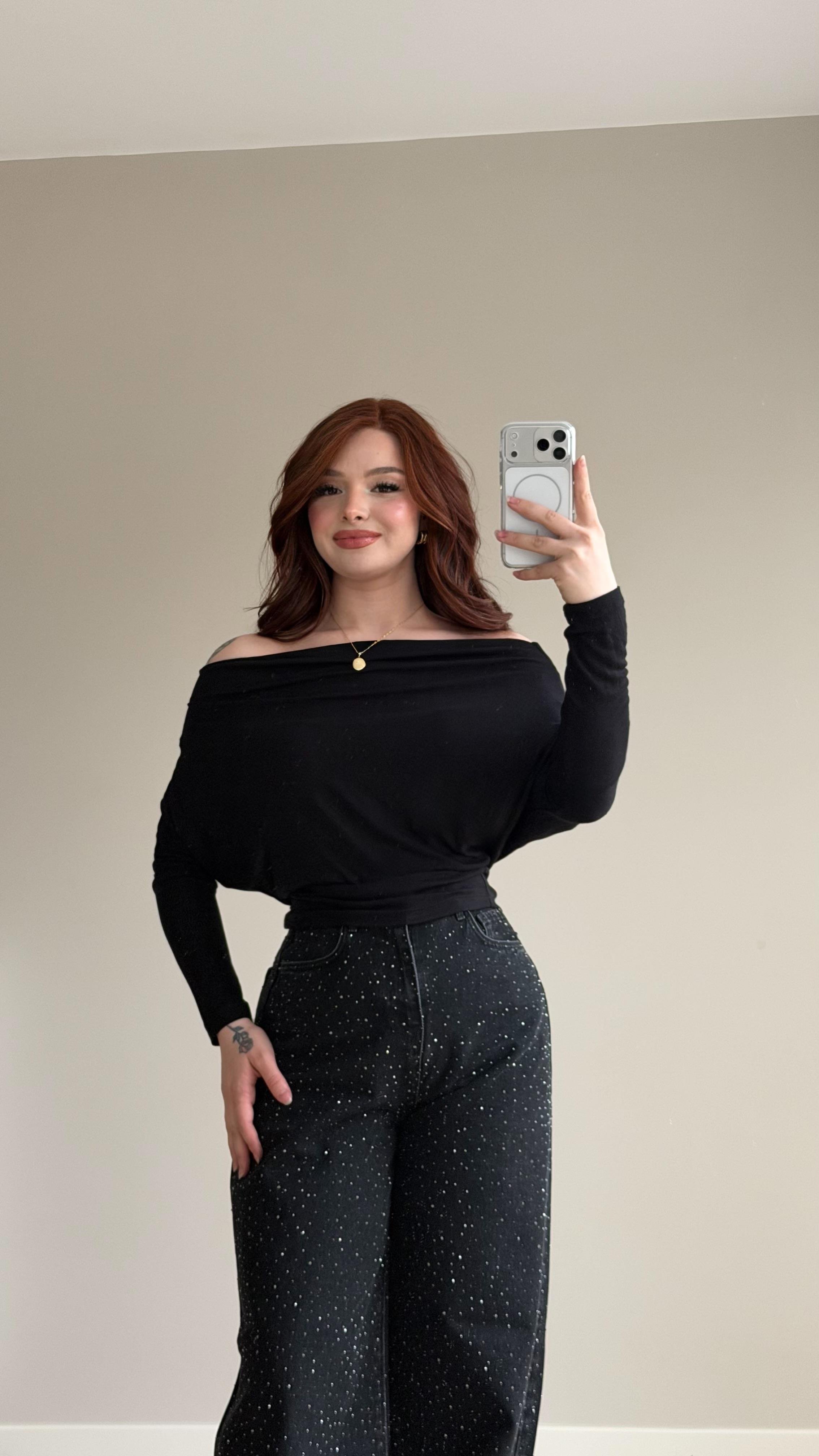 Kayık Yaka Salaş Basıc Bluz Siyah