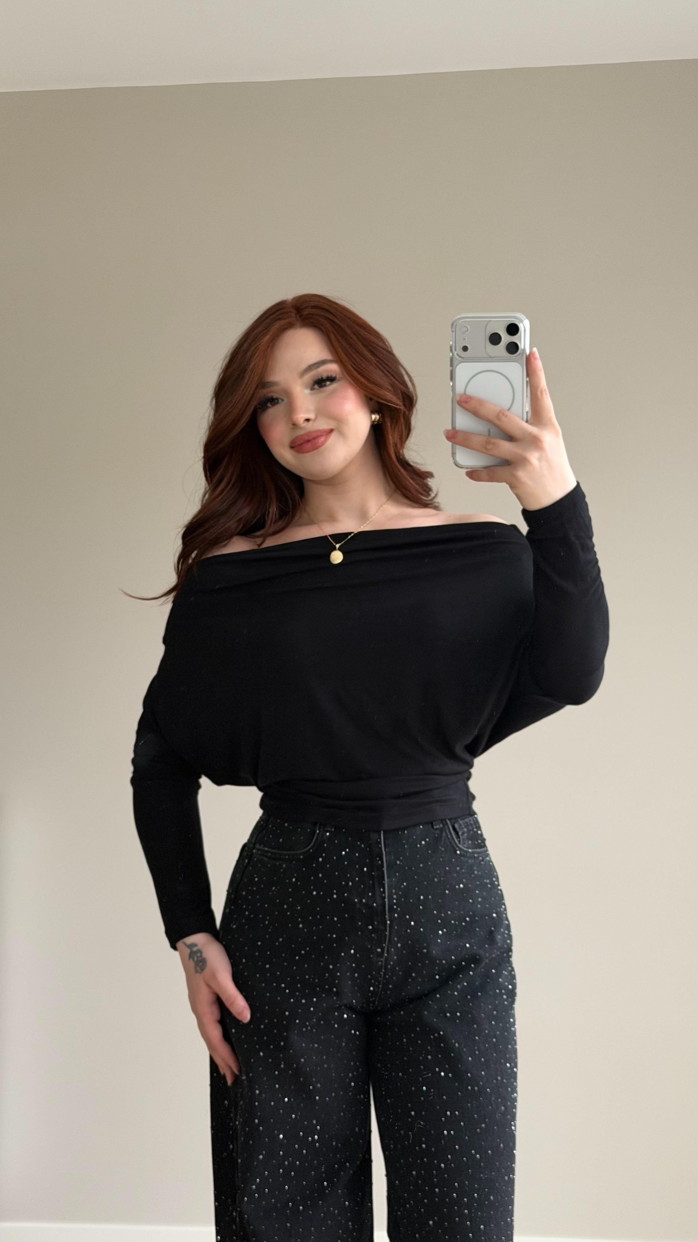 Kayık Yaka Salaş Basıc Bluz Siyah