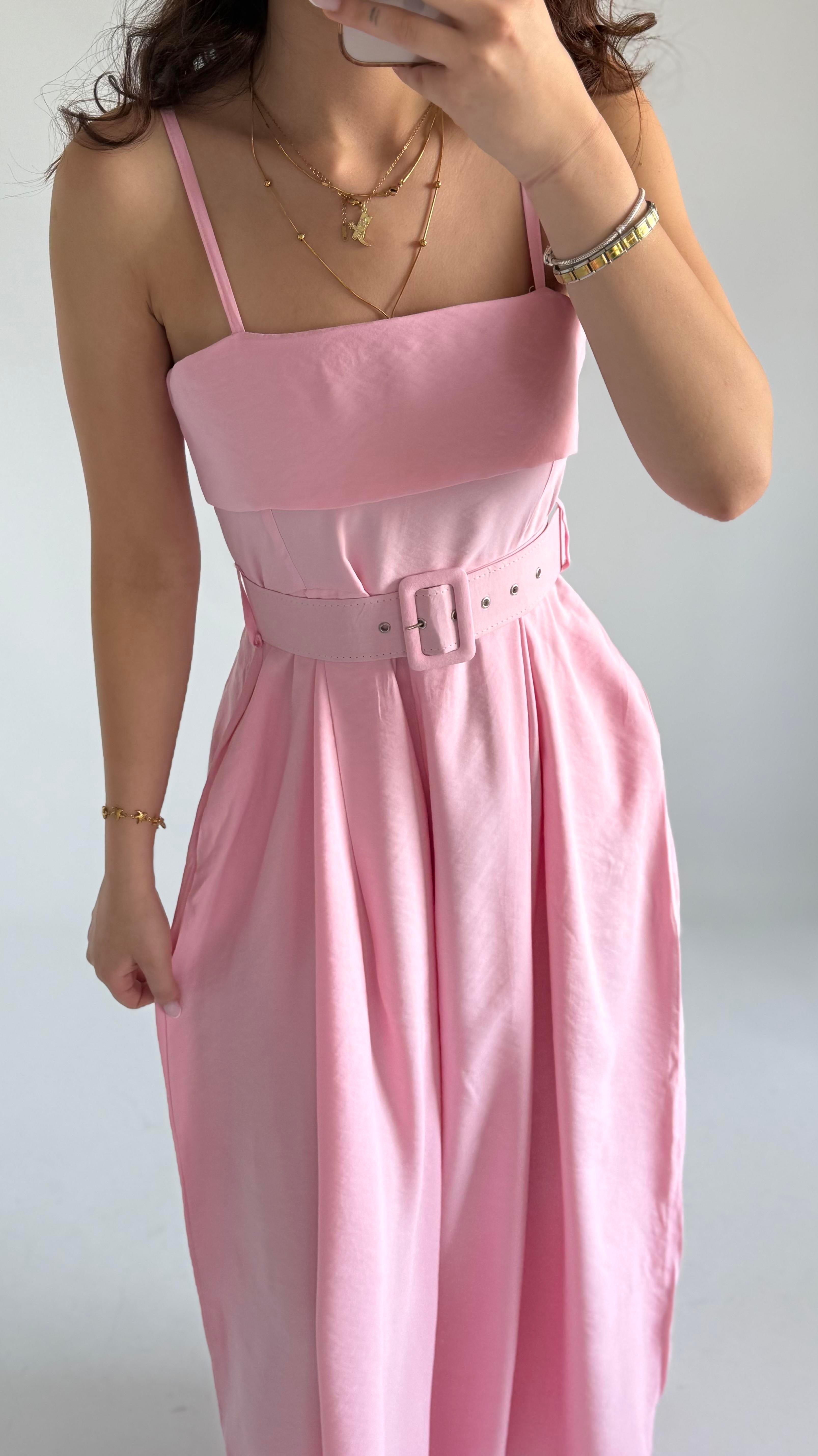 Kemerli Modal Yazlık Elbise Pembe