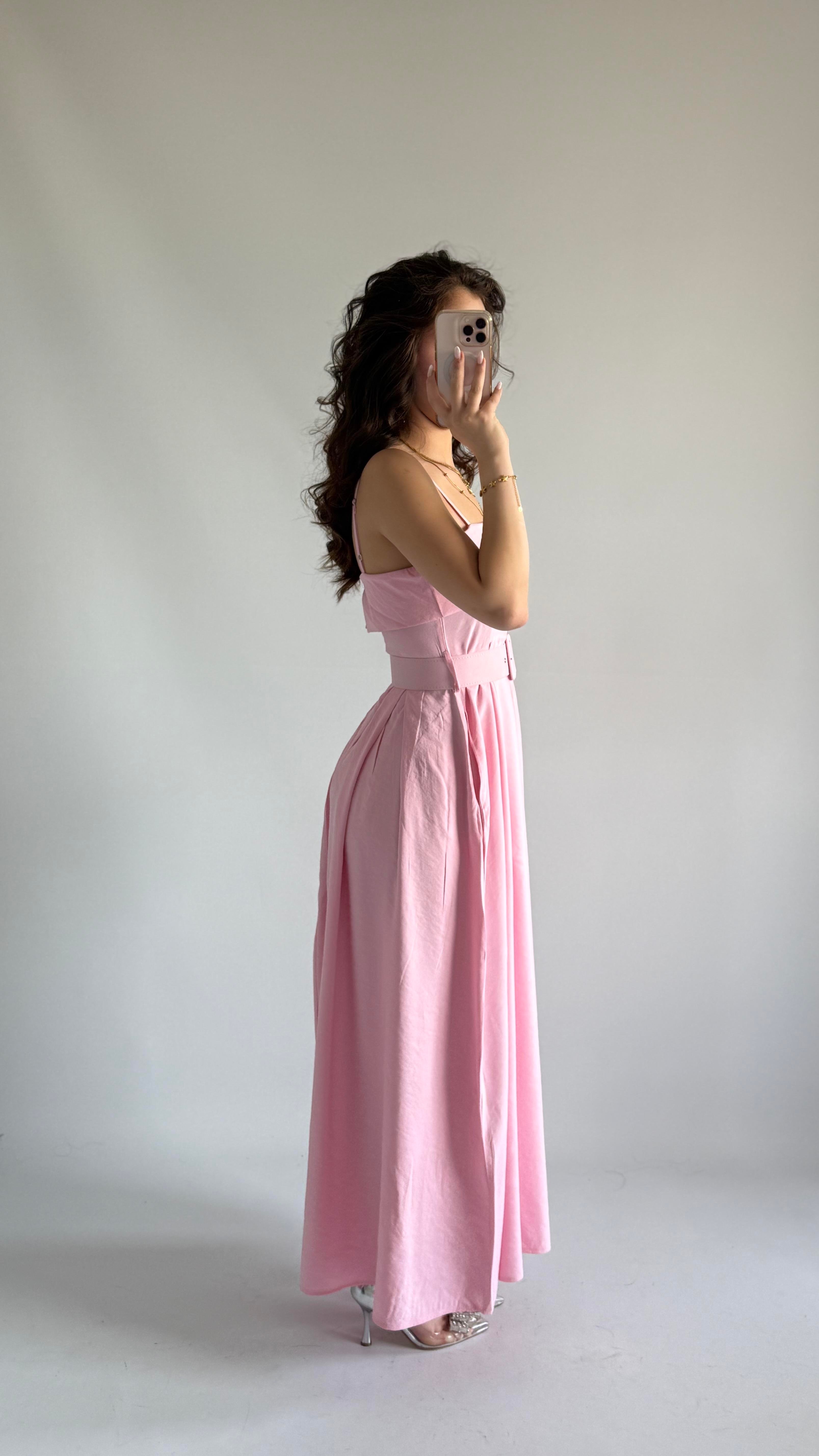 Kemerli Modal Yazlık Elbise Pembe