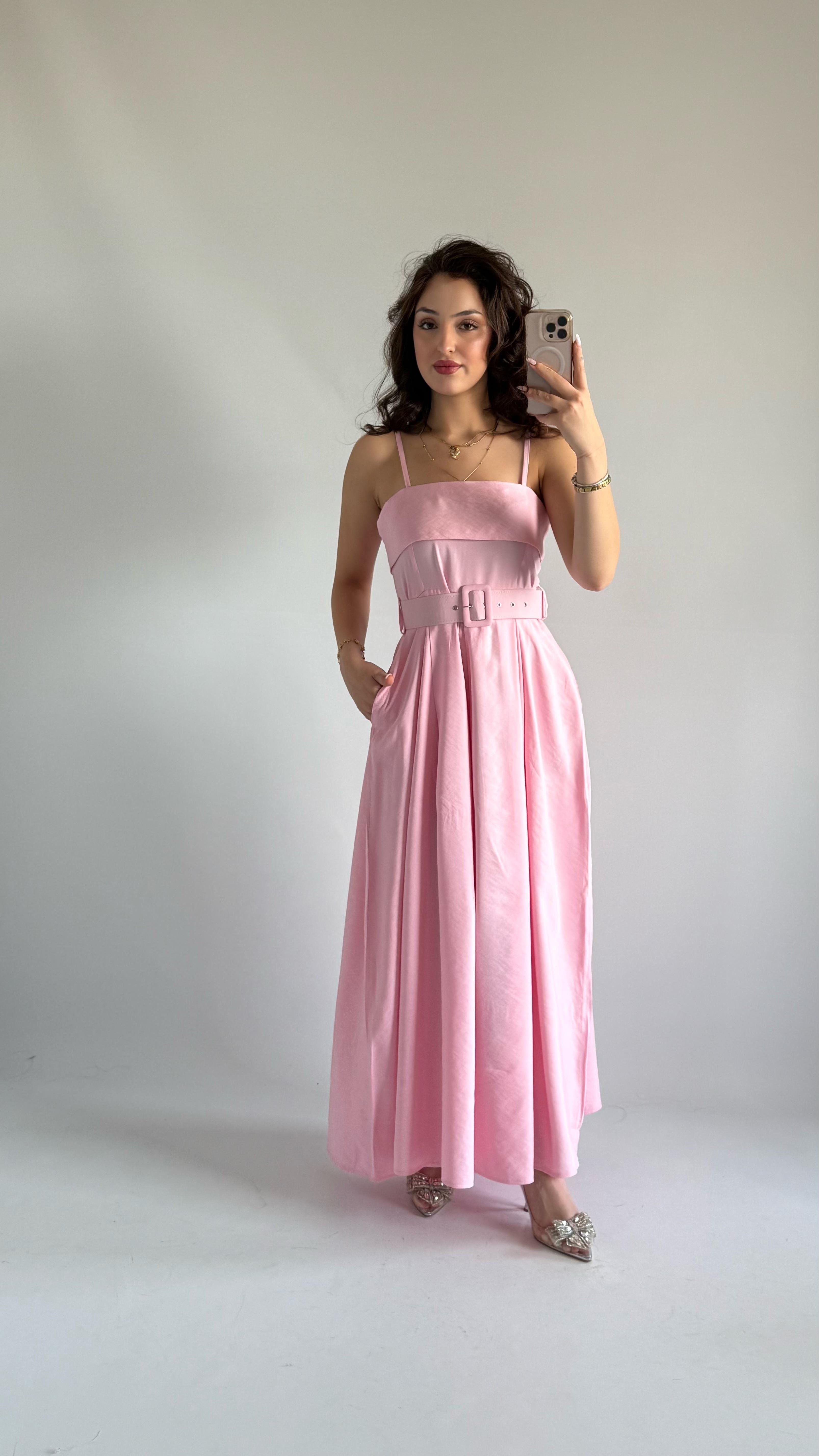 Kemerli Modal Yazlık Elbise Pembe