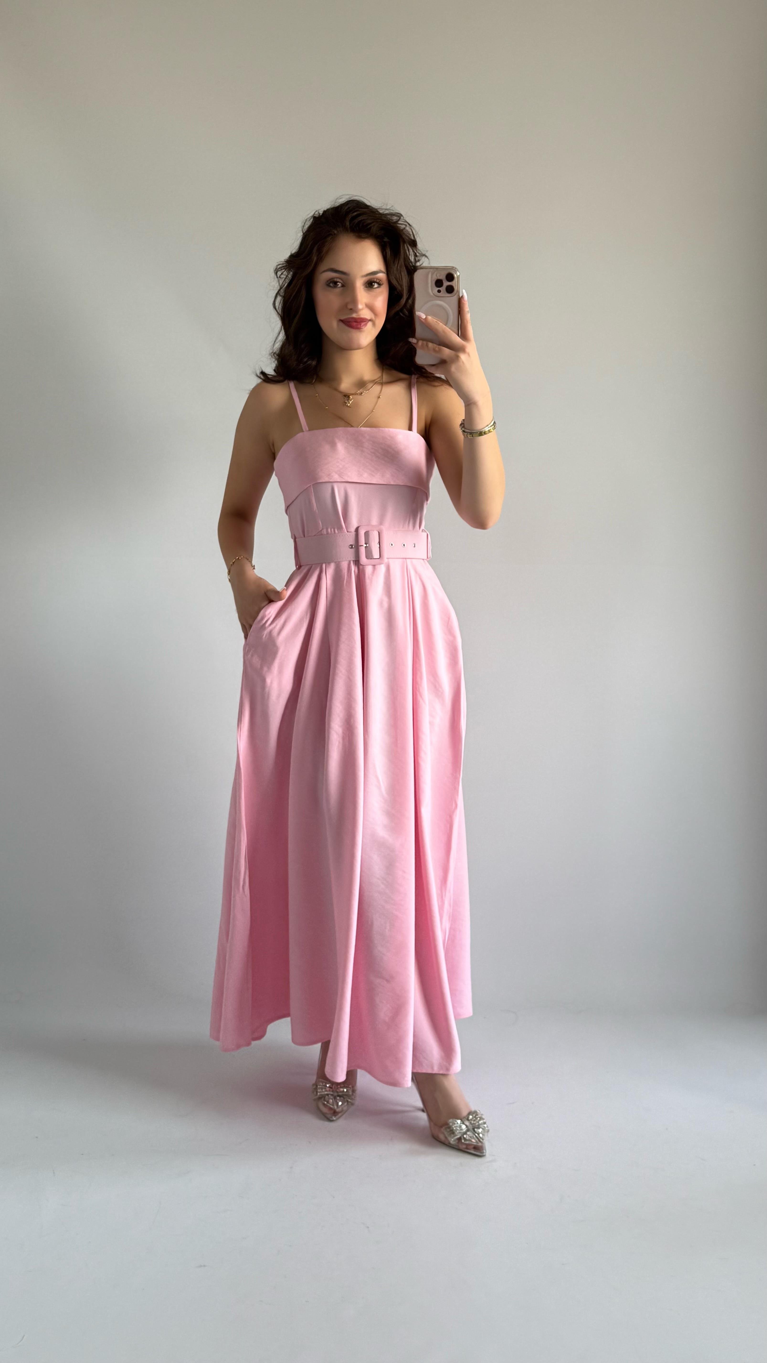 Kemerli Modal Yazlık Elbise Pembe
