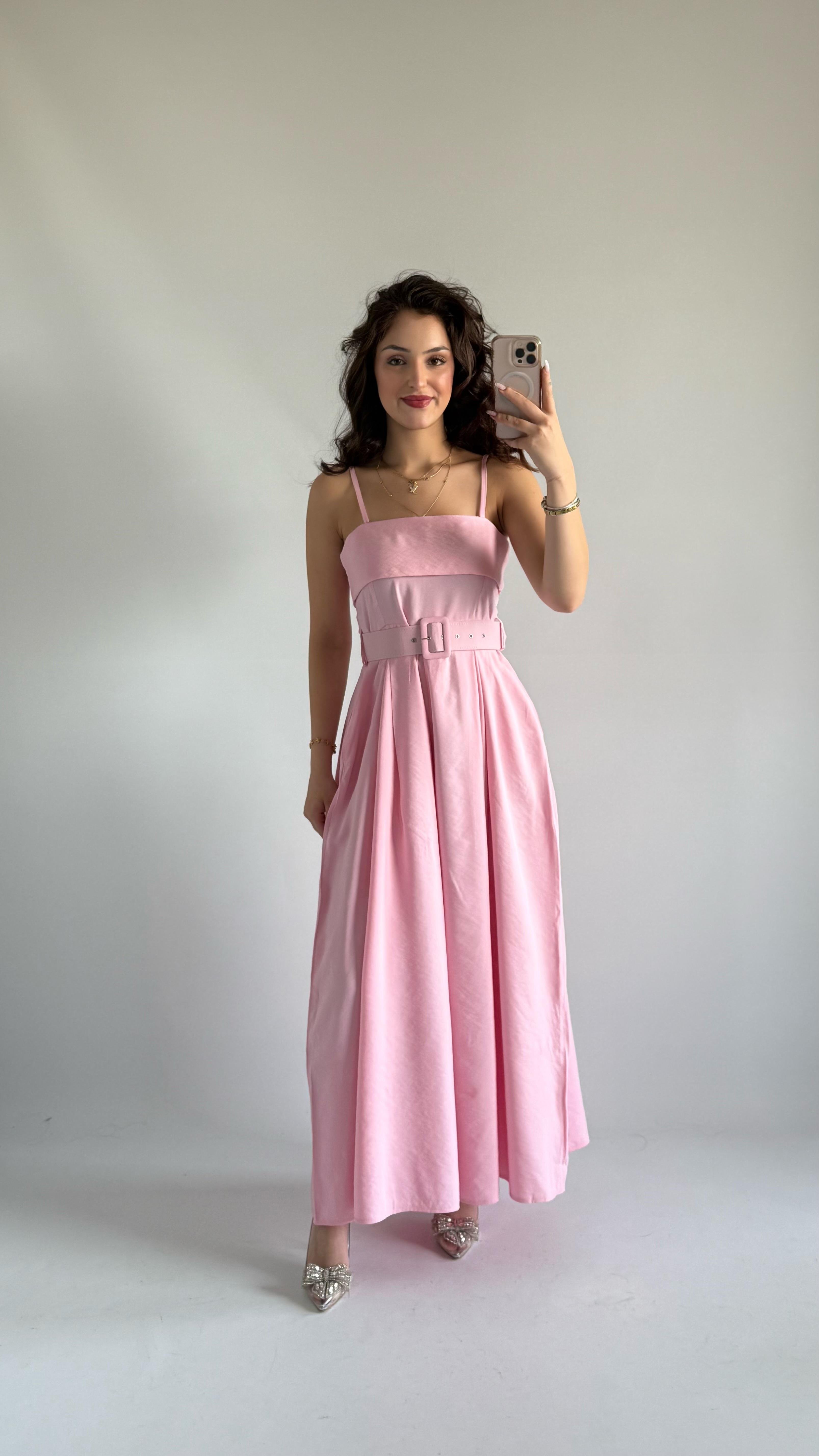 Kemerli Modal Yazlık Elbise Pembe