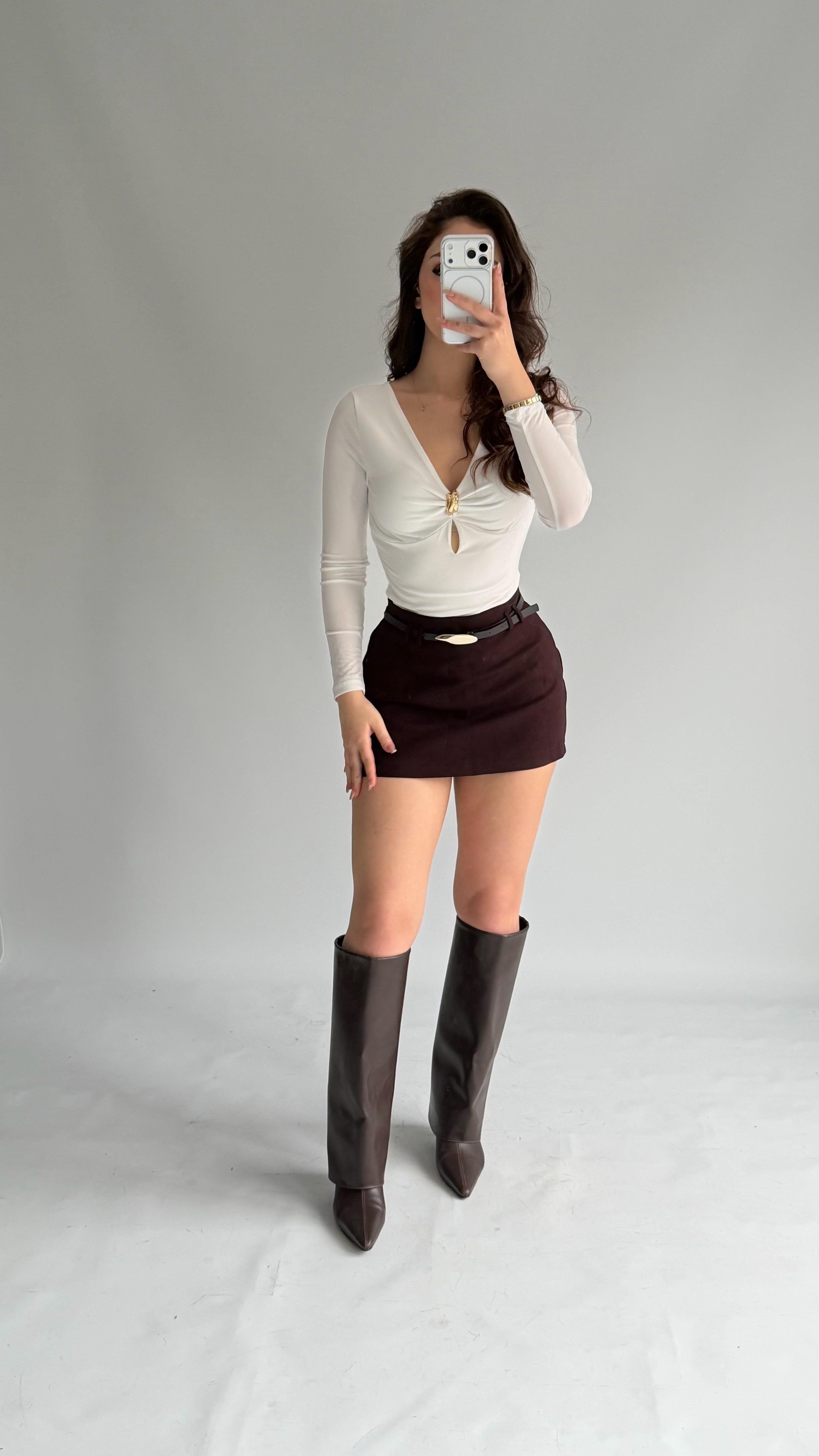 Kemerli Şort Mini Kumaş Etek Bordo