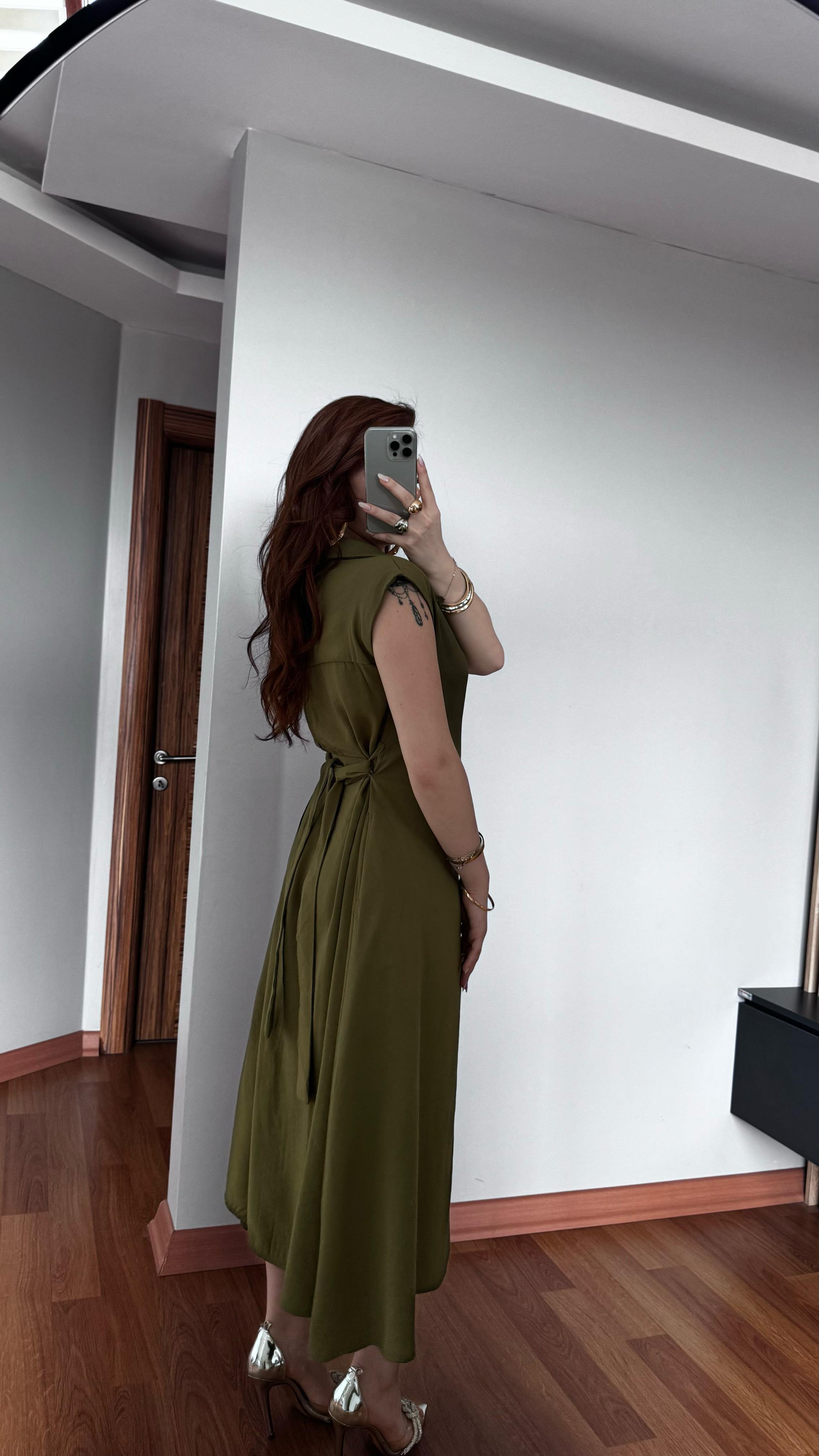 Keten Kuşaklı Haki Yeşil Elbise