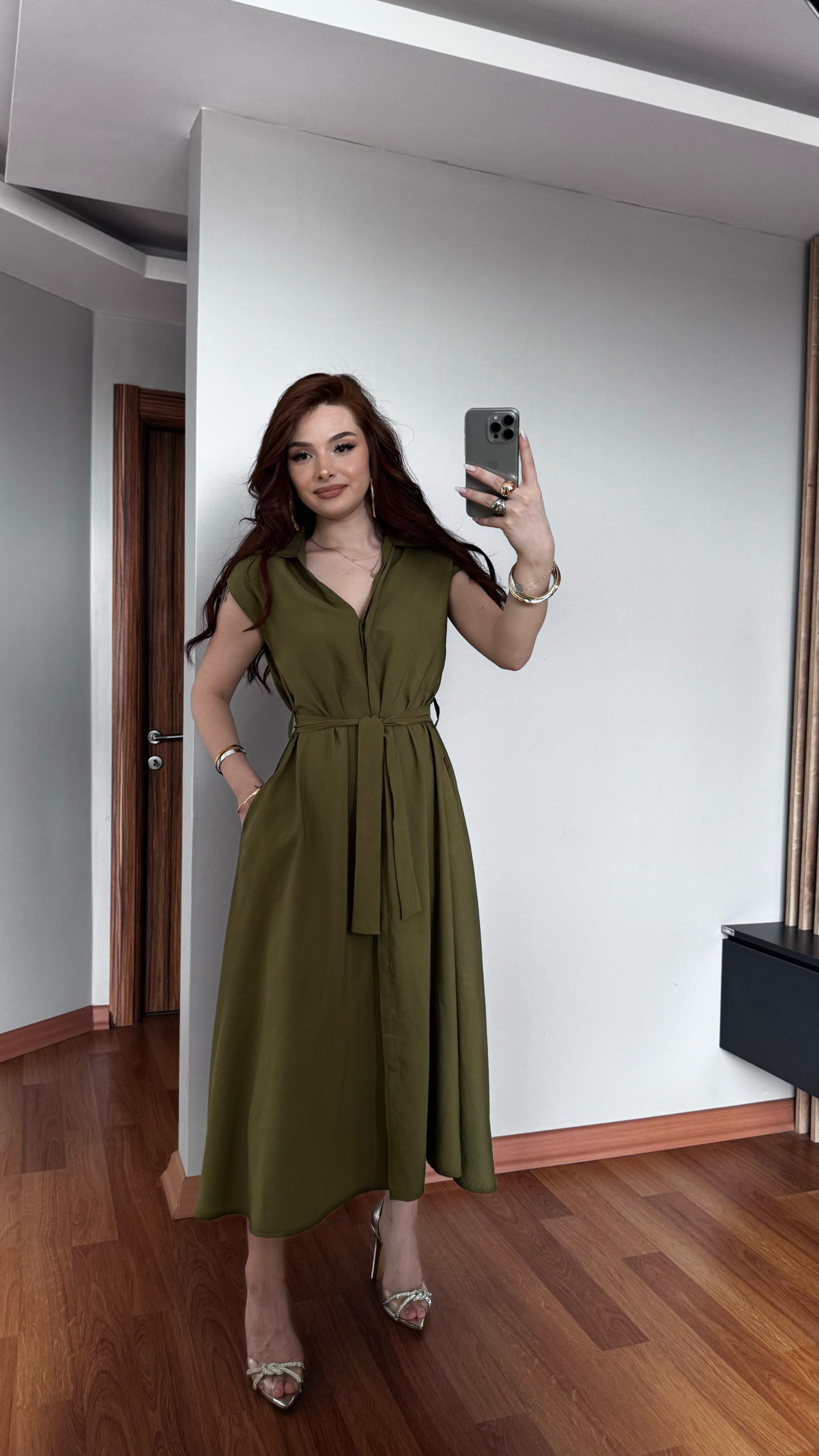 Keten Kuşaklı Haki Yeşil Elbise