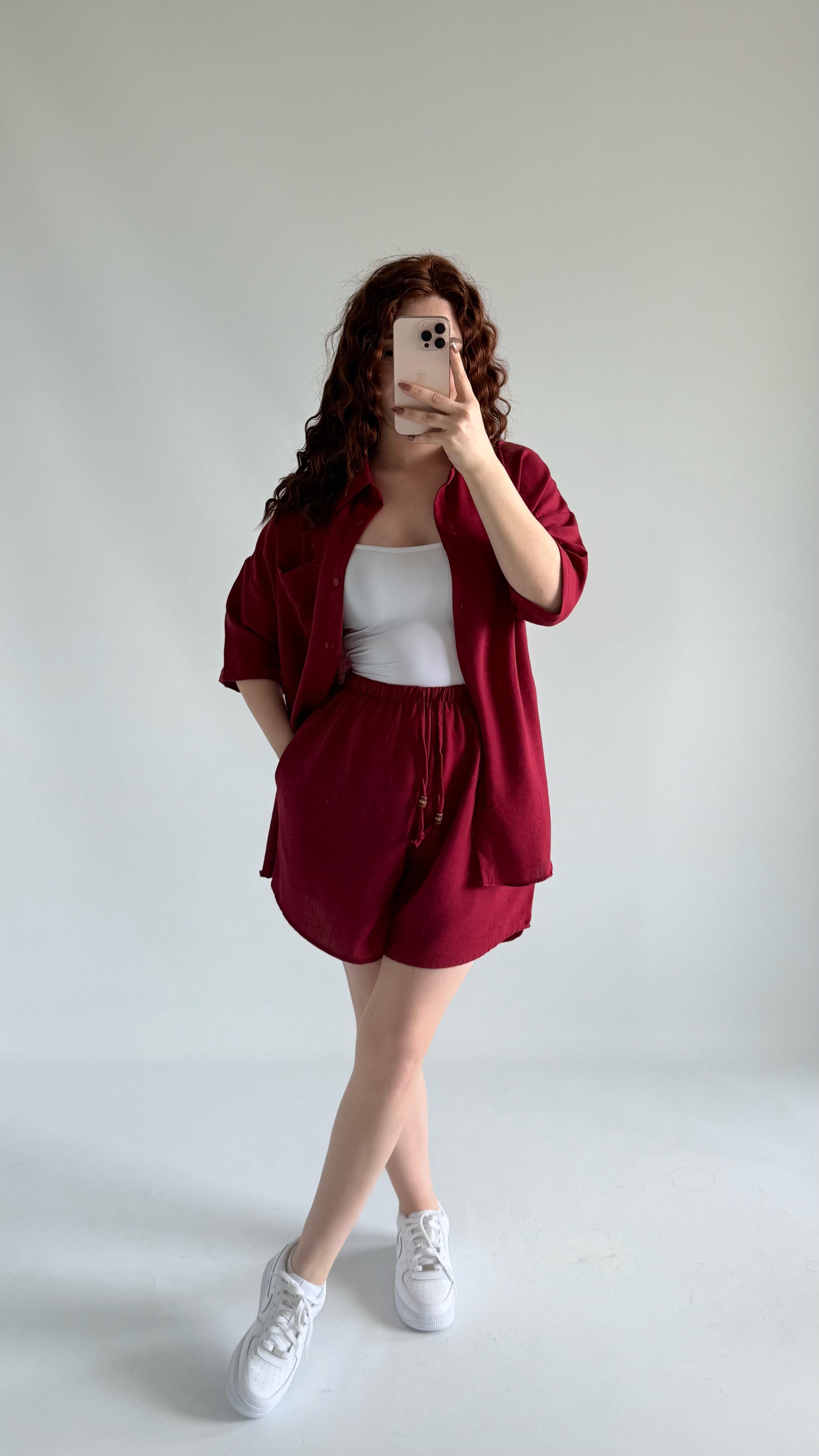 Keten Şort Gömlek Takım Bordo