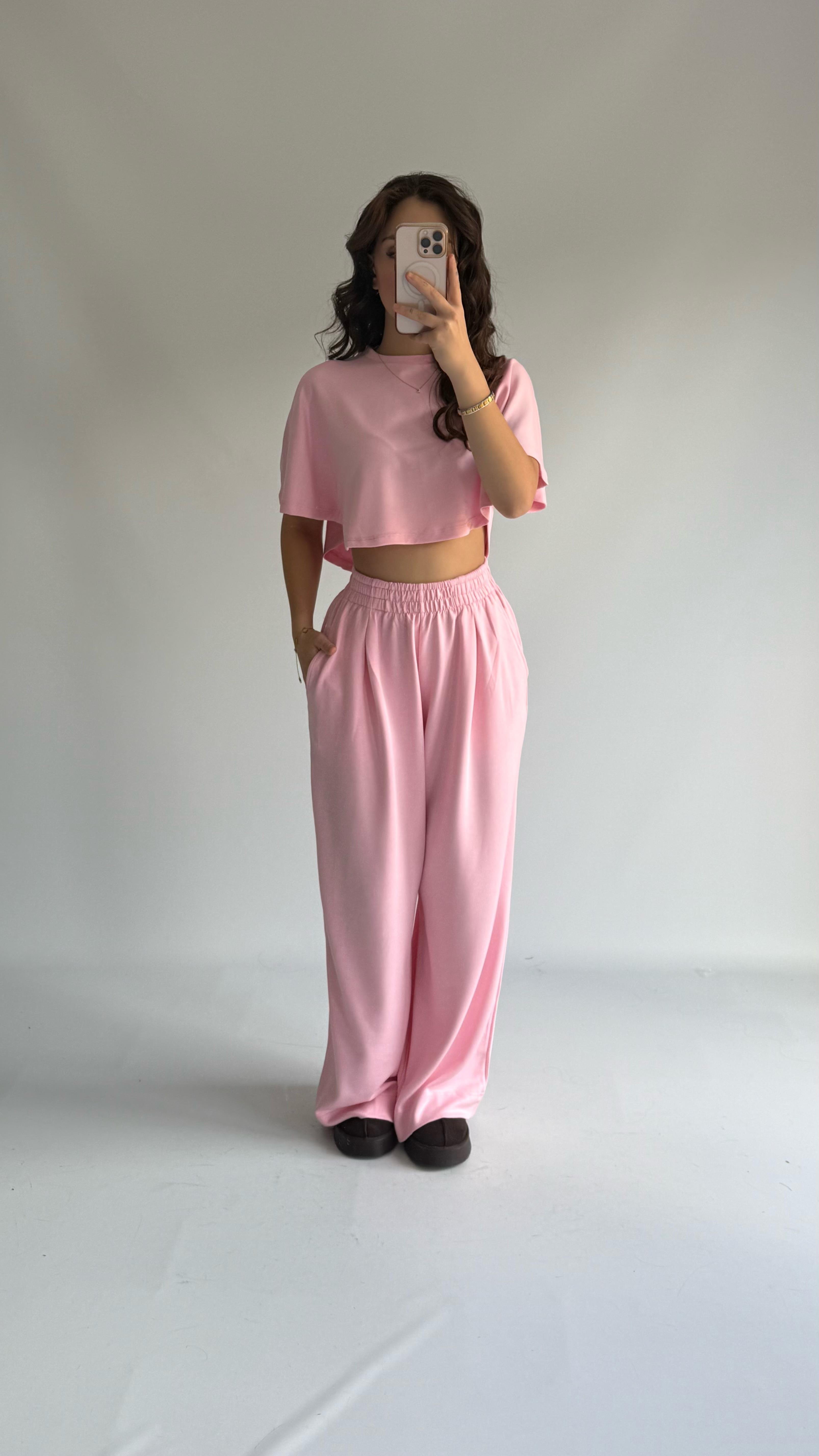 Kısa Kol Crop Eşofman Takım Pembe