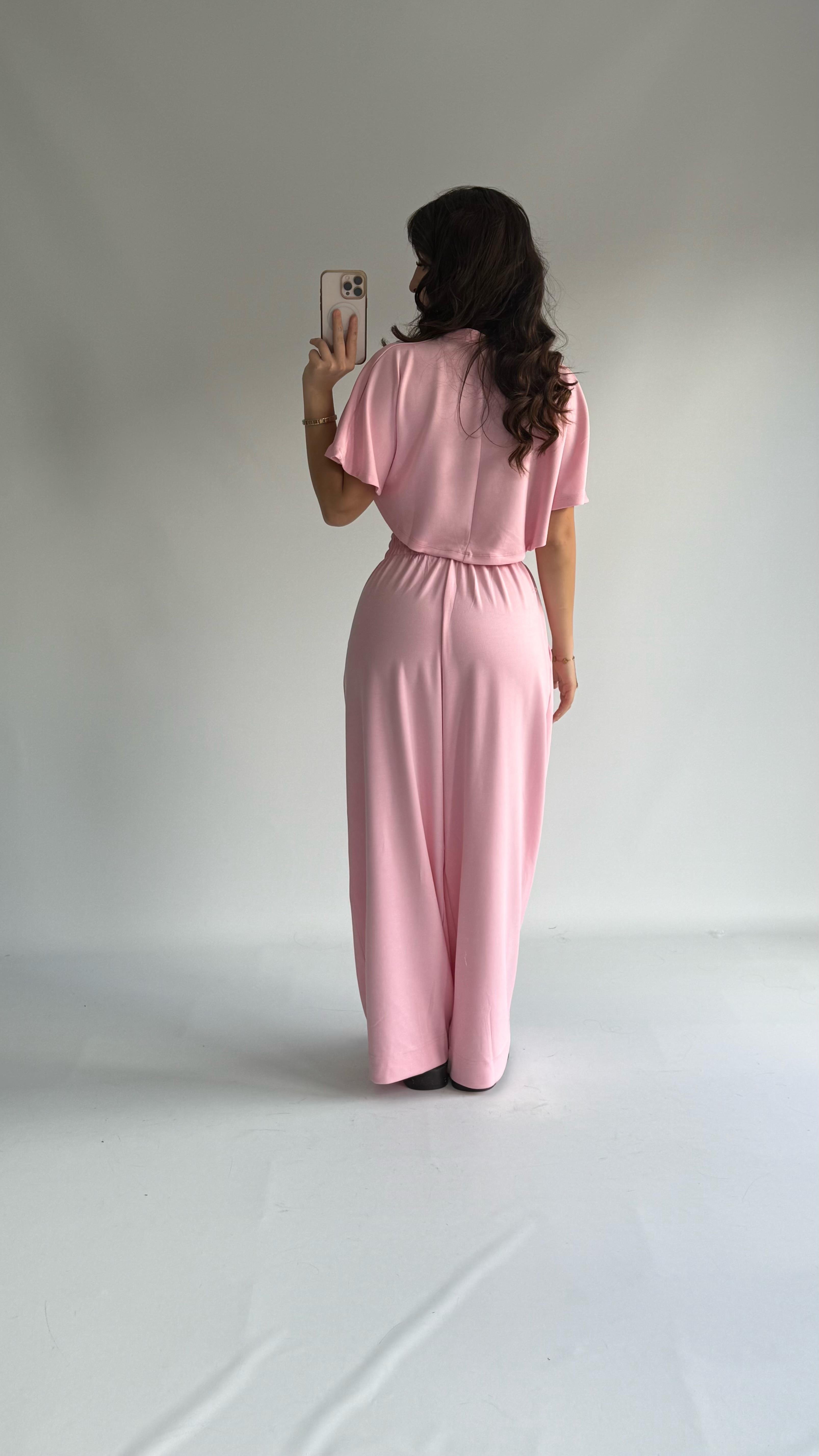 Kısa Kol Crop Eşofman Takım Pembe