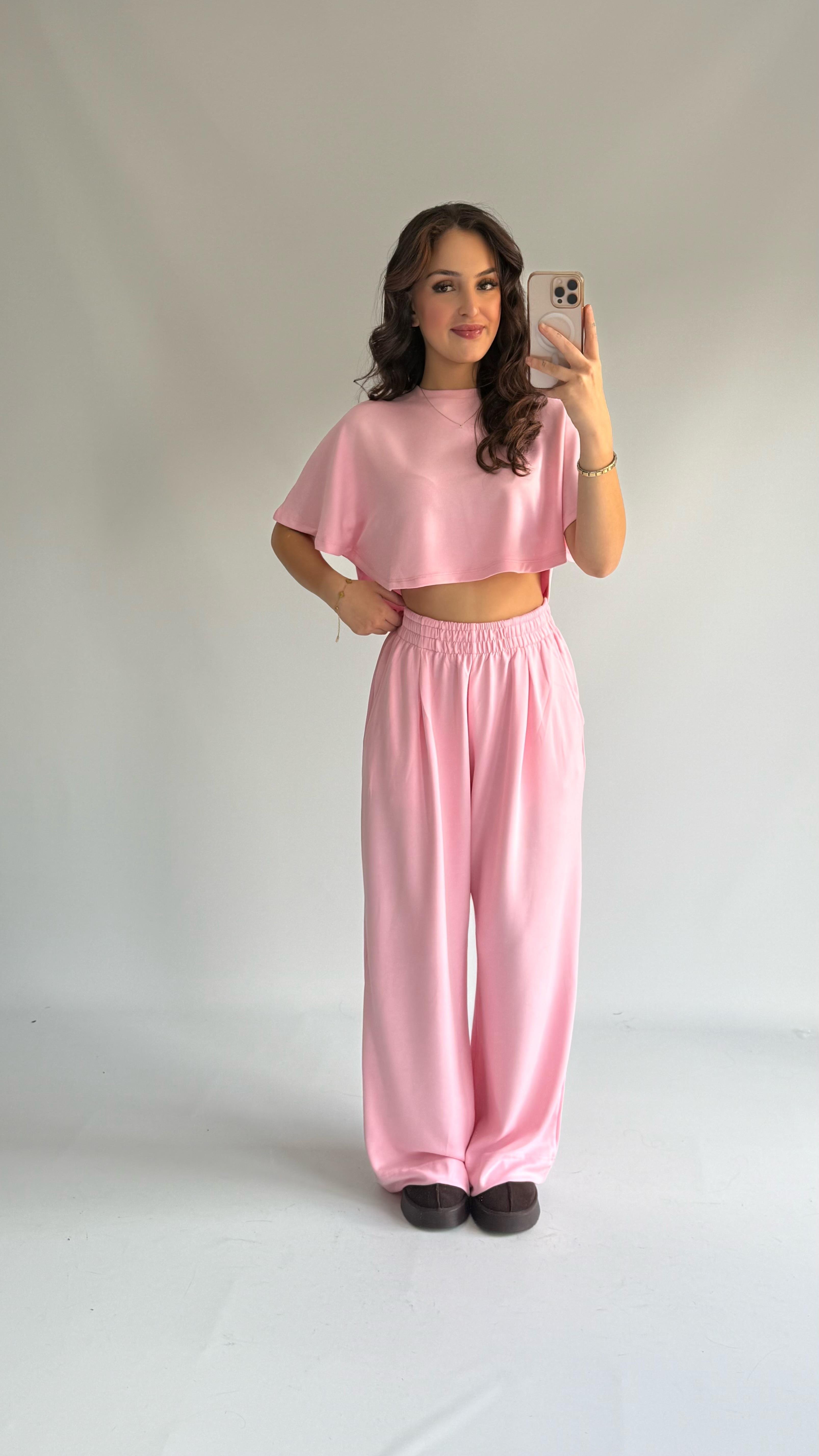 Kısa Kol Crop Eşofman Takım Pembe