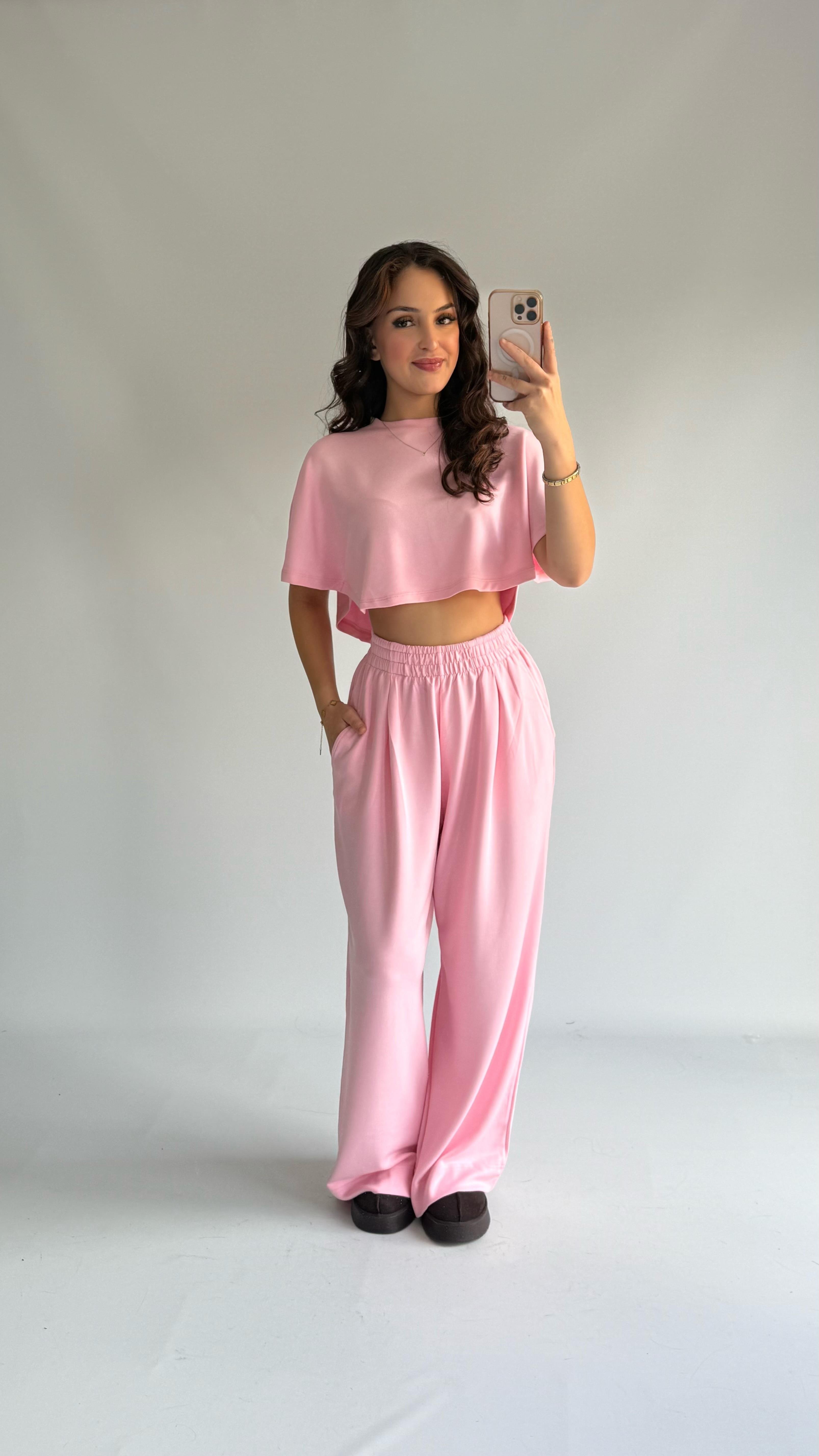 Kısa Kol Crop Eşofman Takım Pembe