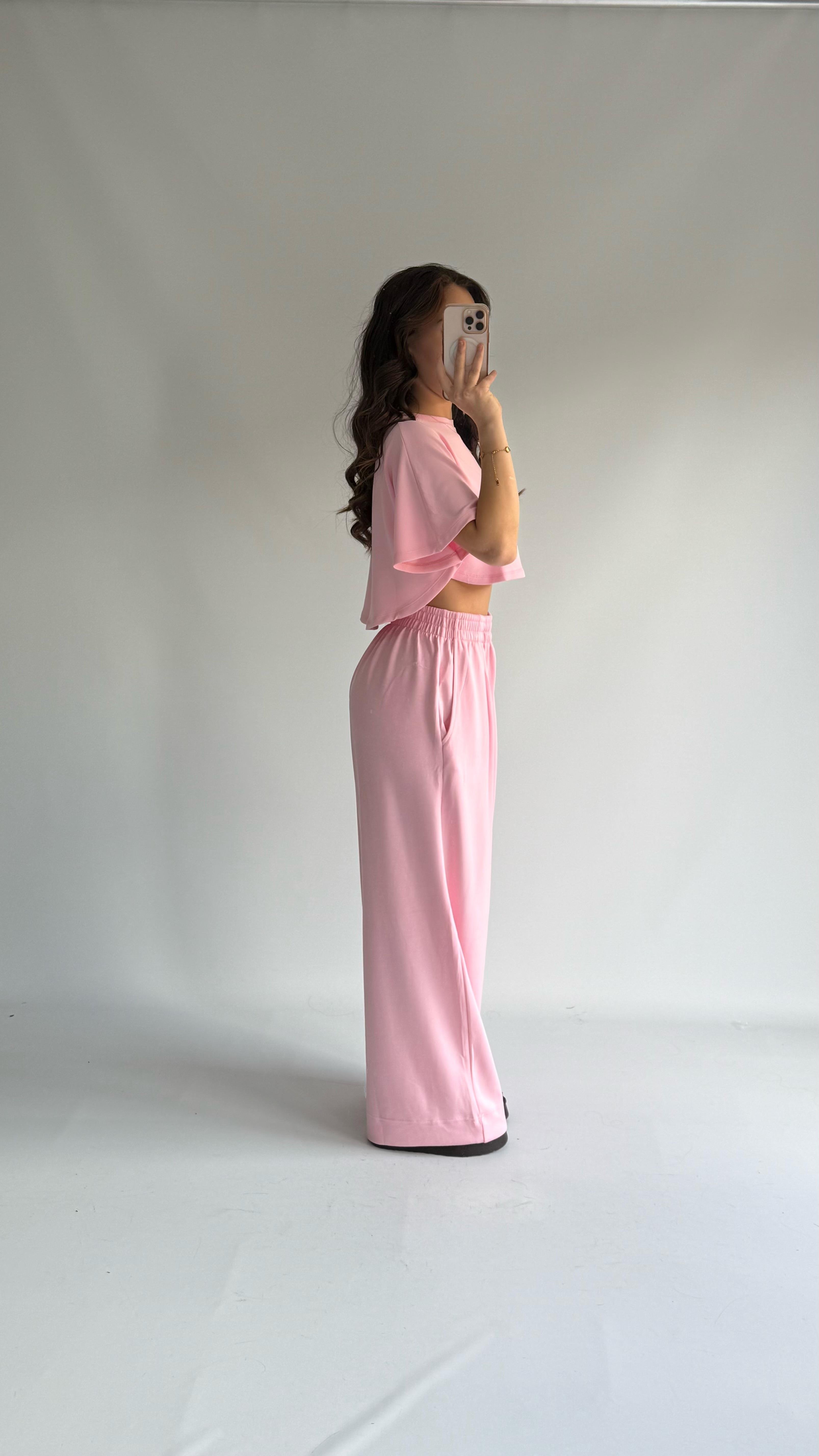 Kısa Kol Crop Eşofman Takım Pembe