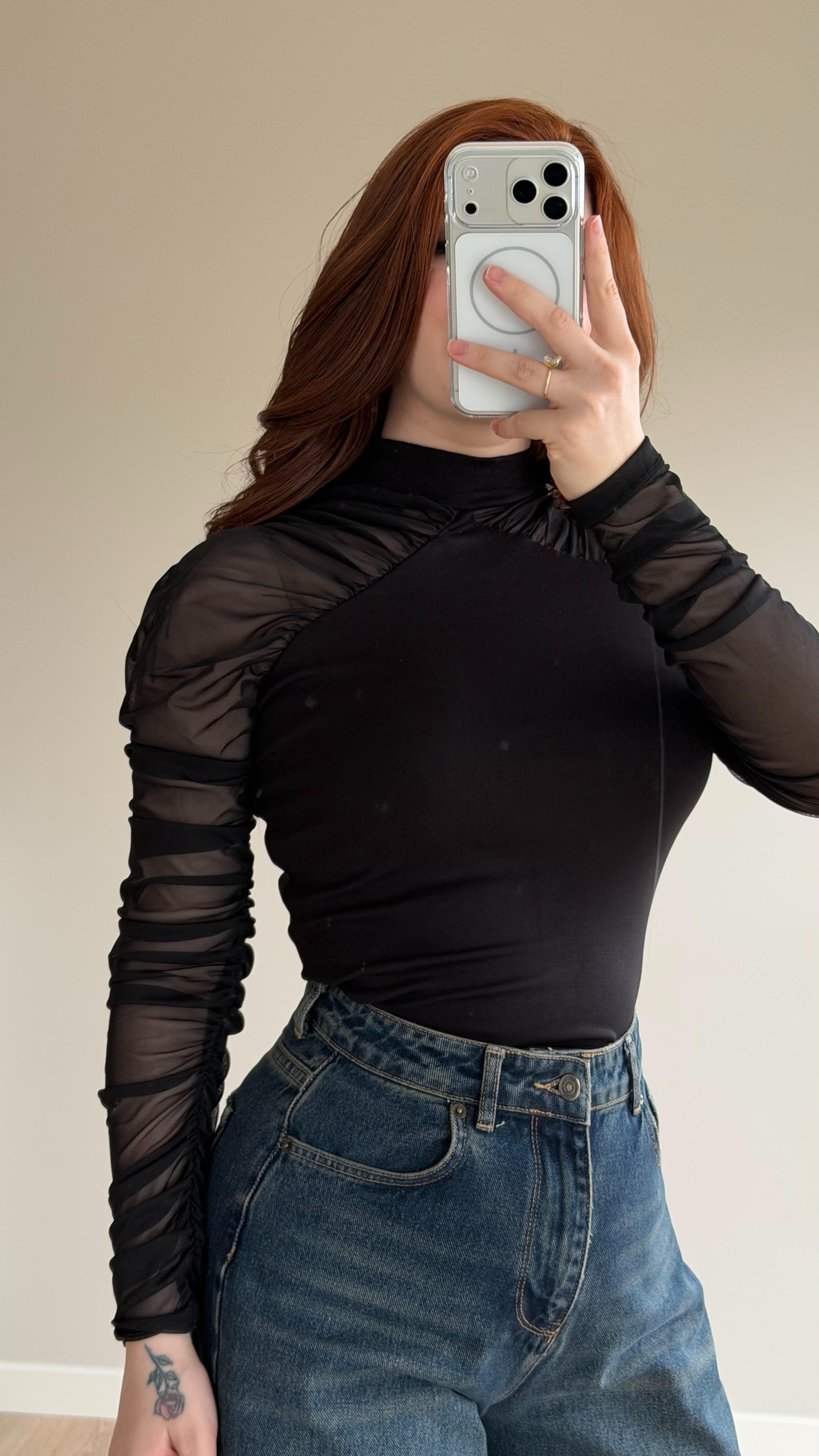 Kolları Tül Riban Bluz Siyah