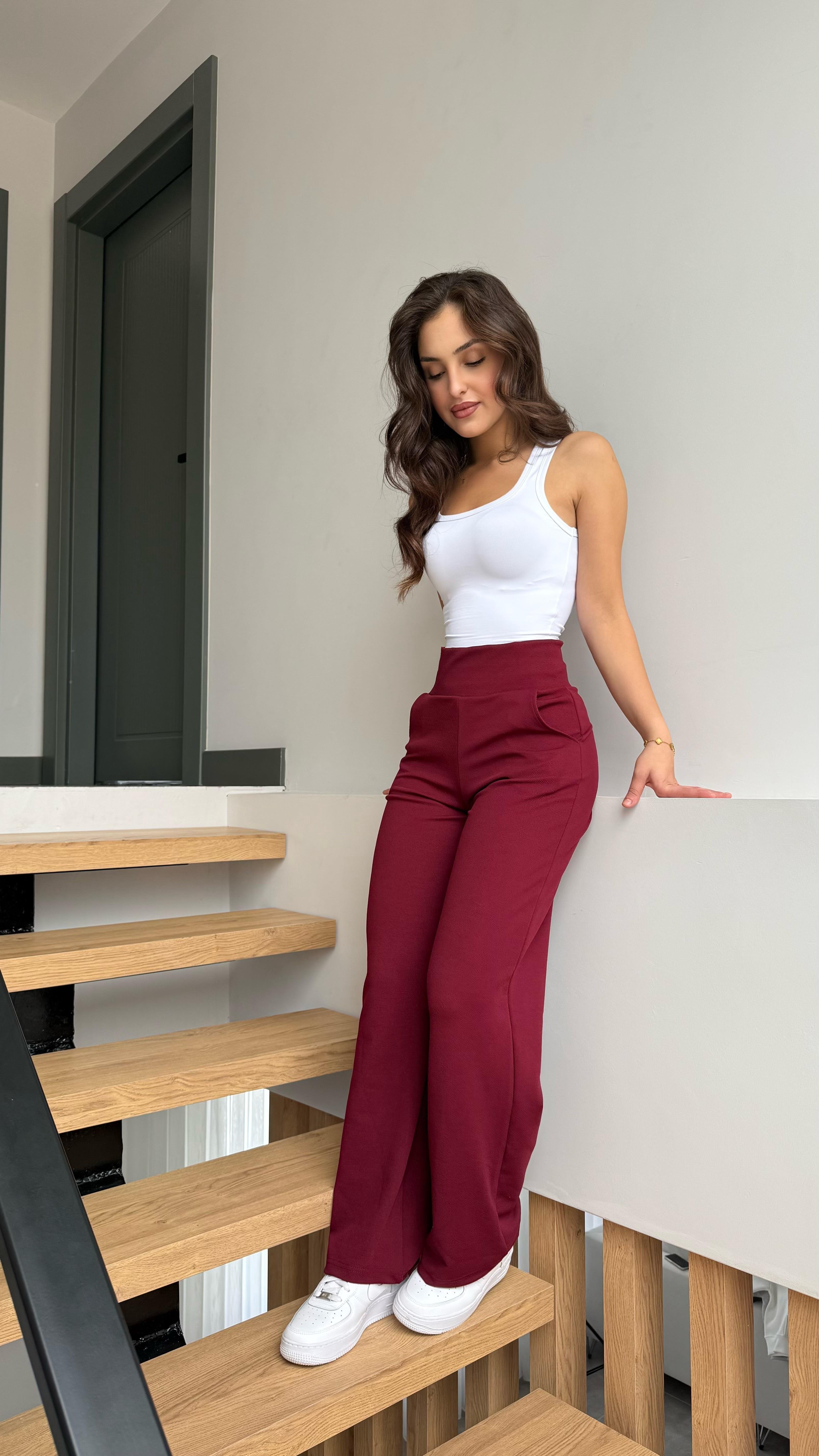 Korsajlı Kalın Kemer Pantolon Bordo