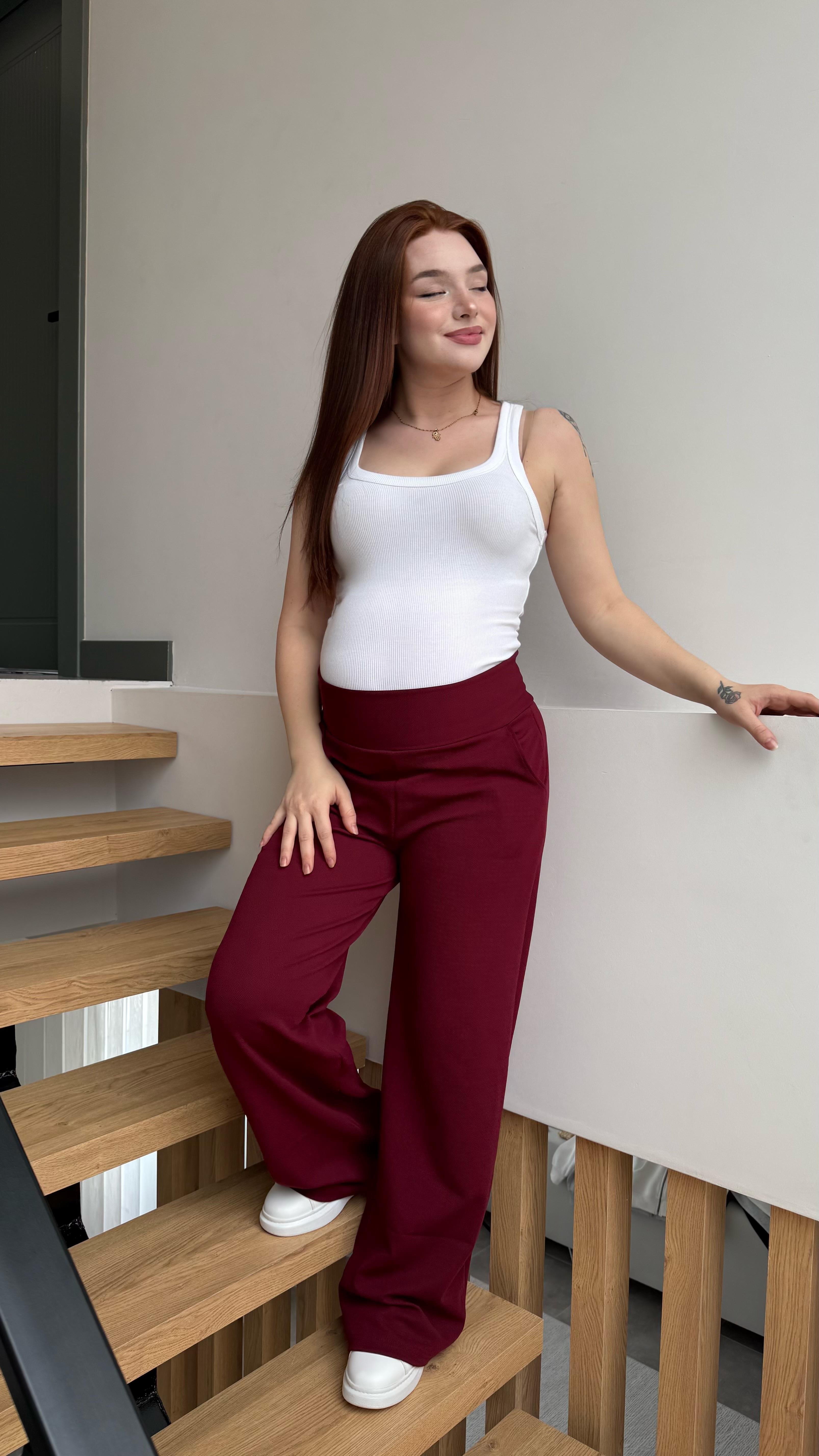 Korsajlı Kalın Kemer Pantolon Bordo