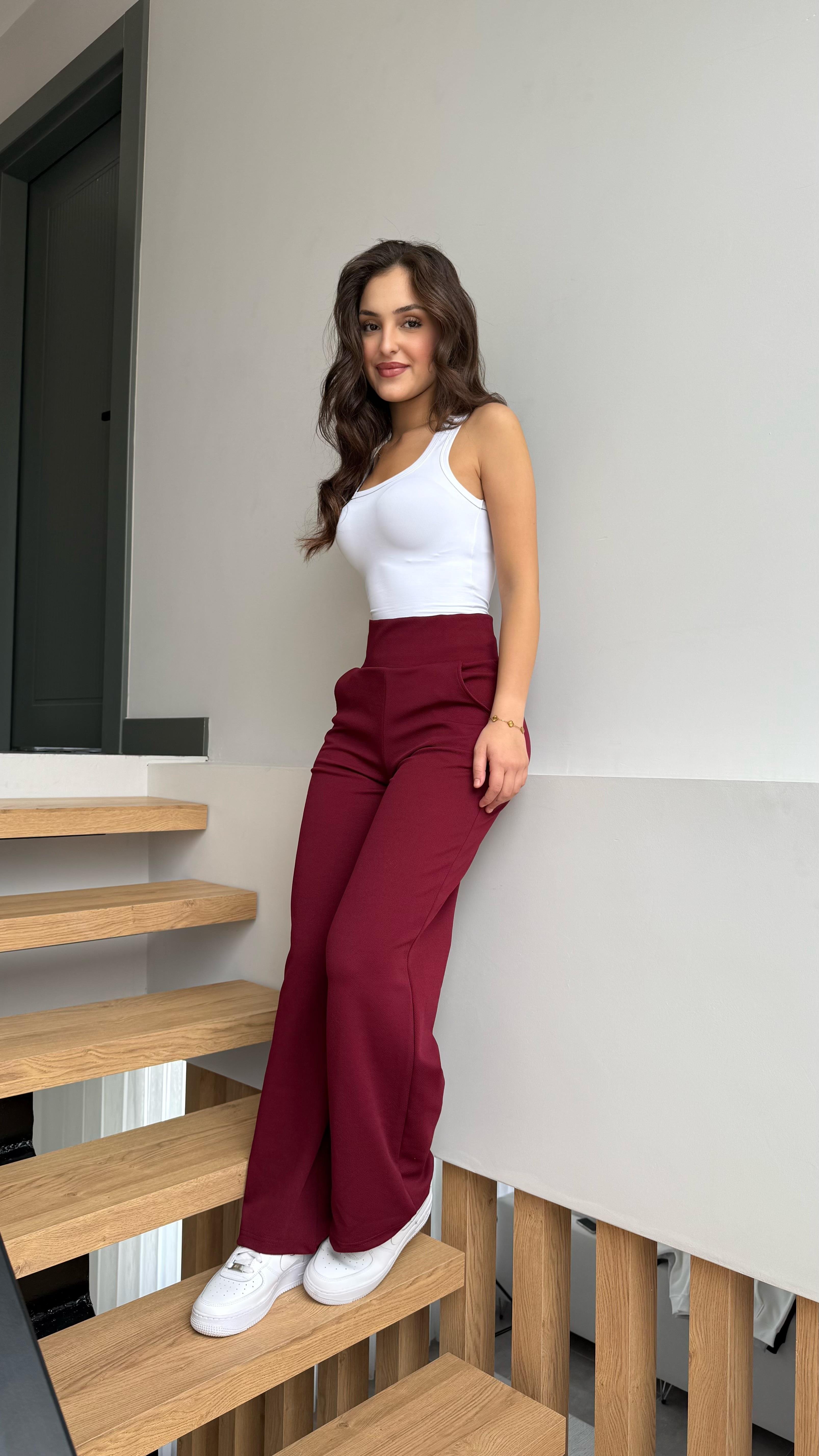 Korsajlı Kalın Kemer Pantolon Bordo