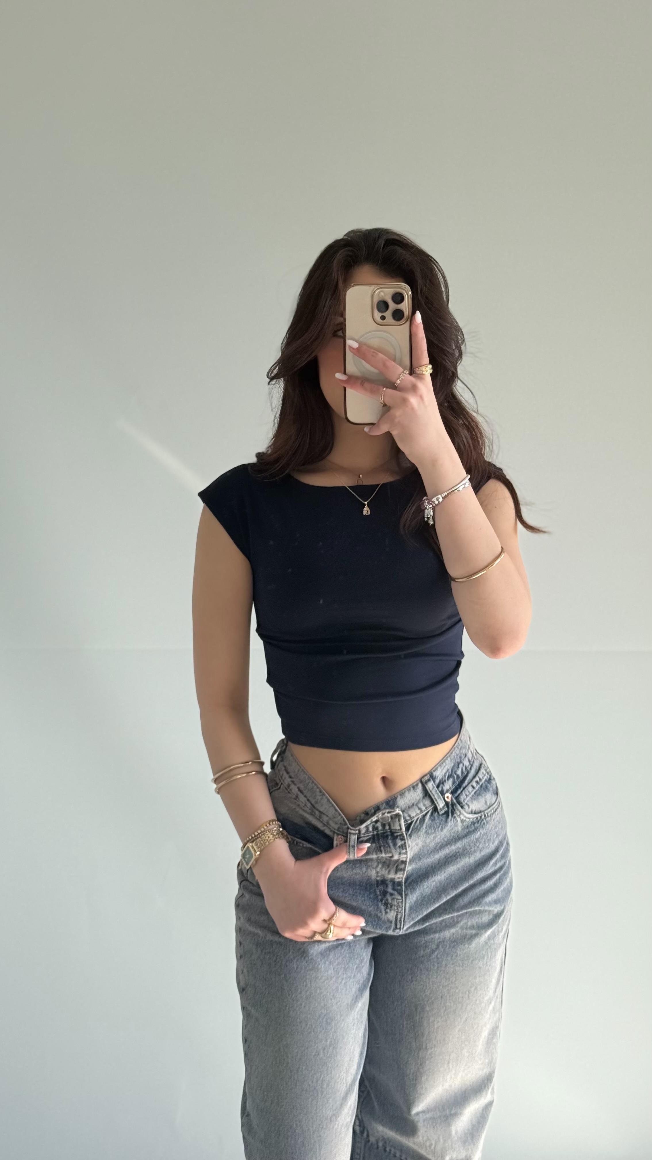 Külah Kol Yan Büzgülü Crop Lacivert