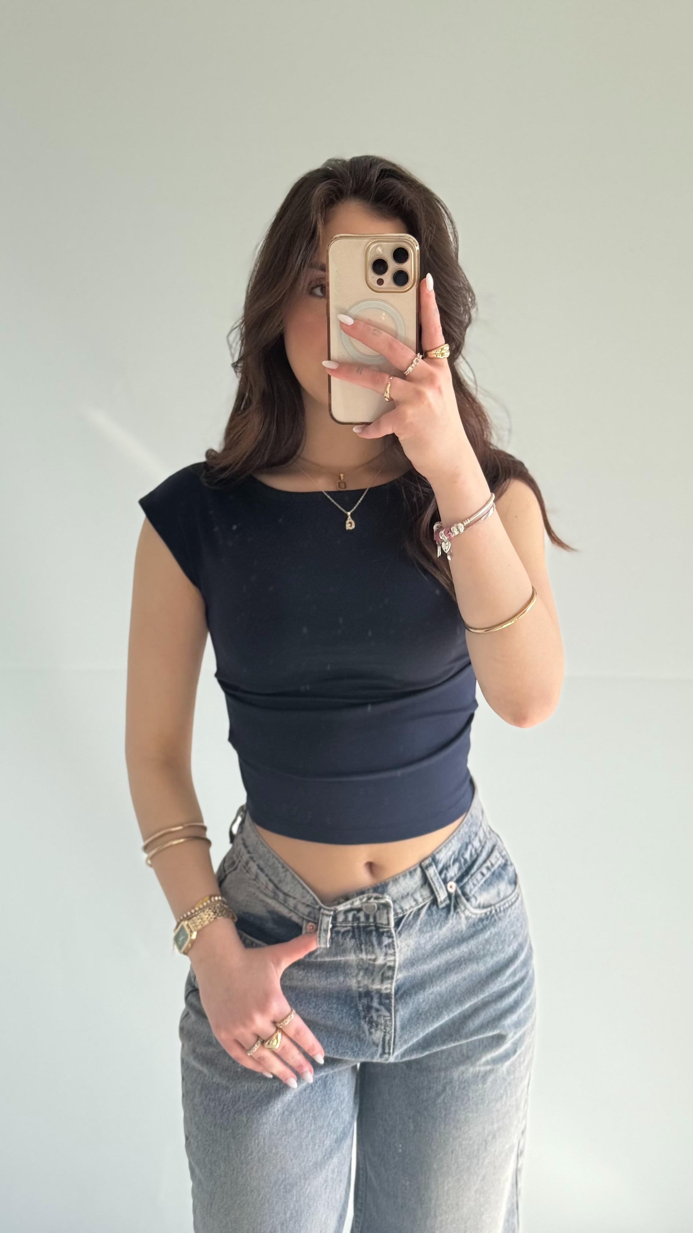 Külah Kol Yan Büzgülü Crop Lacivert