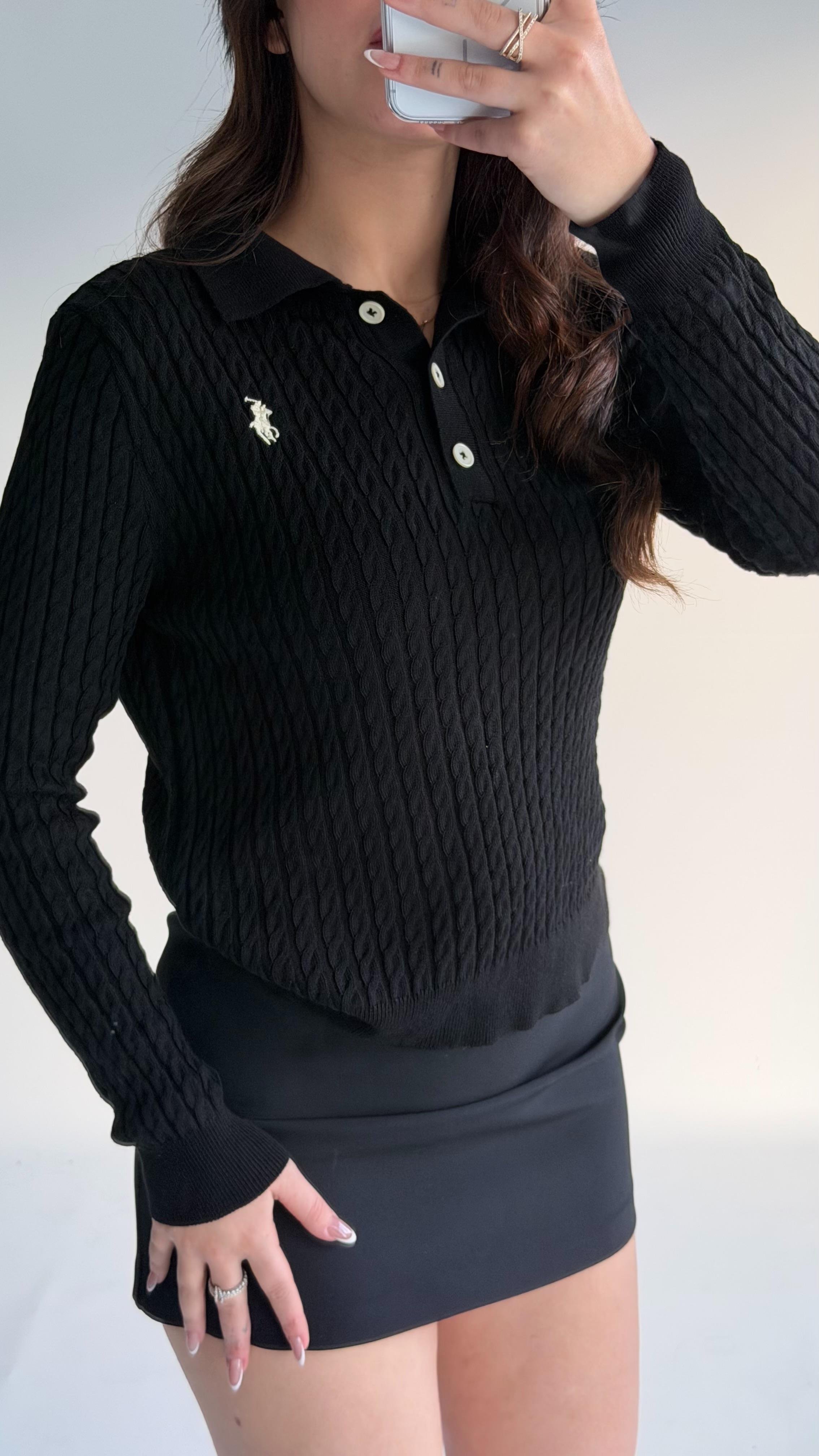 Lacost Düğmeli Yaka Kazak Siyah