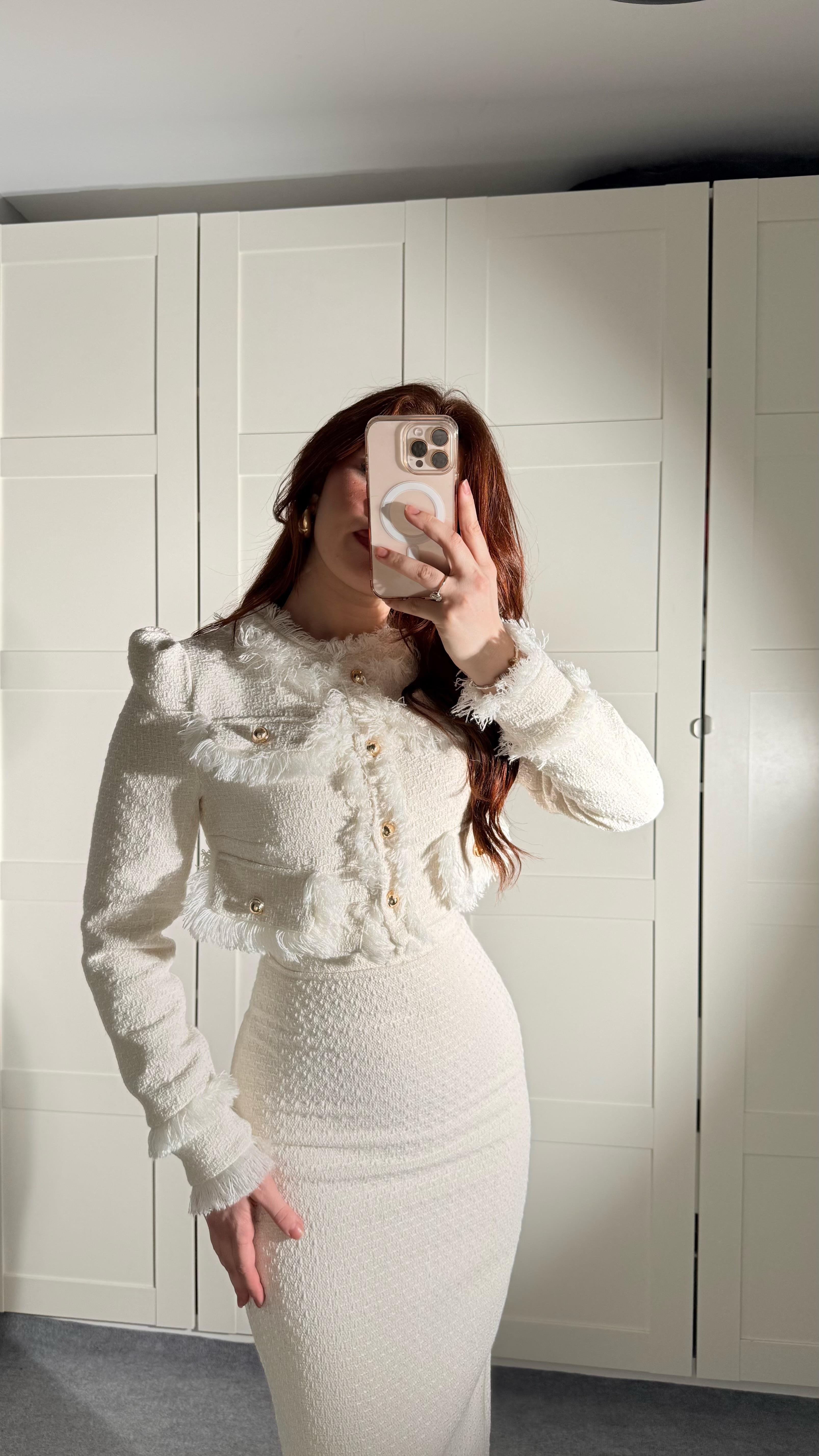 Lady Buklet Ceket Kalem Etek Takım Beyaz