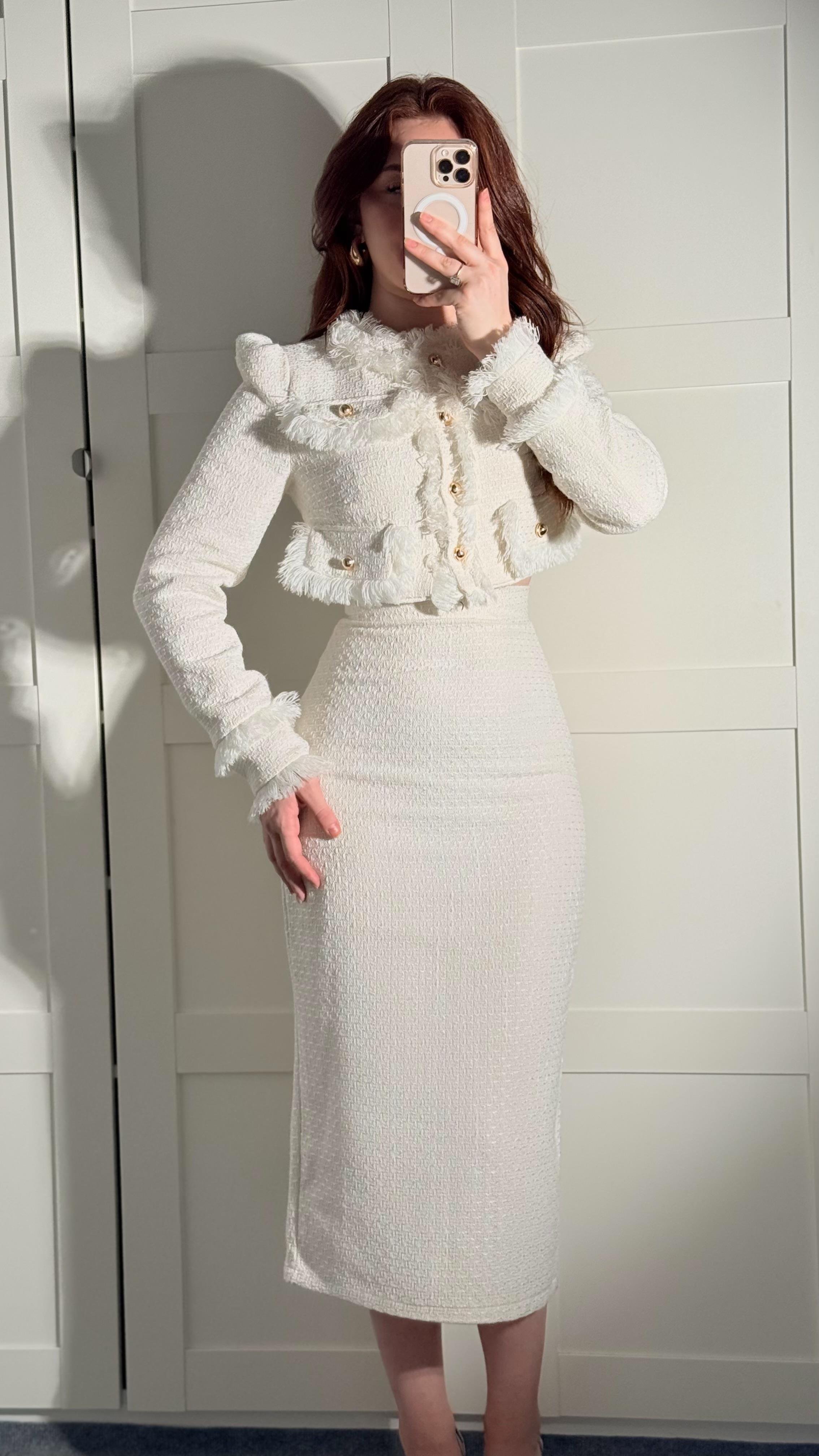 Lady Buklet Ceket Kalem Etek Takım Beyaz