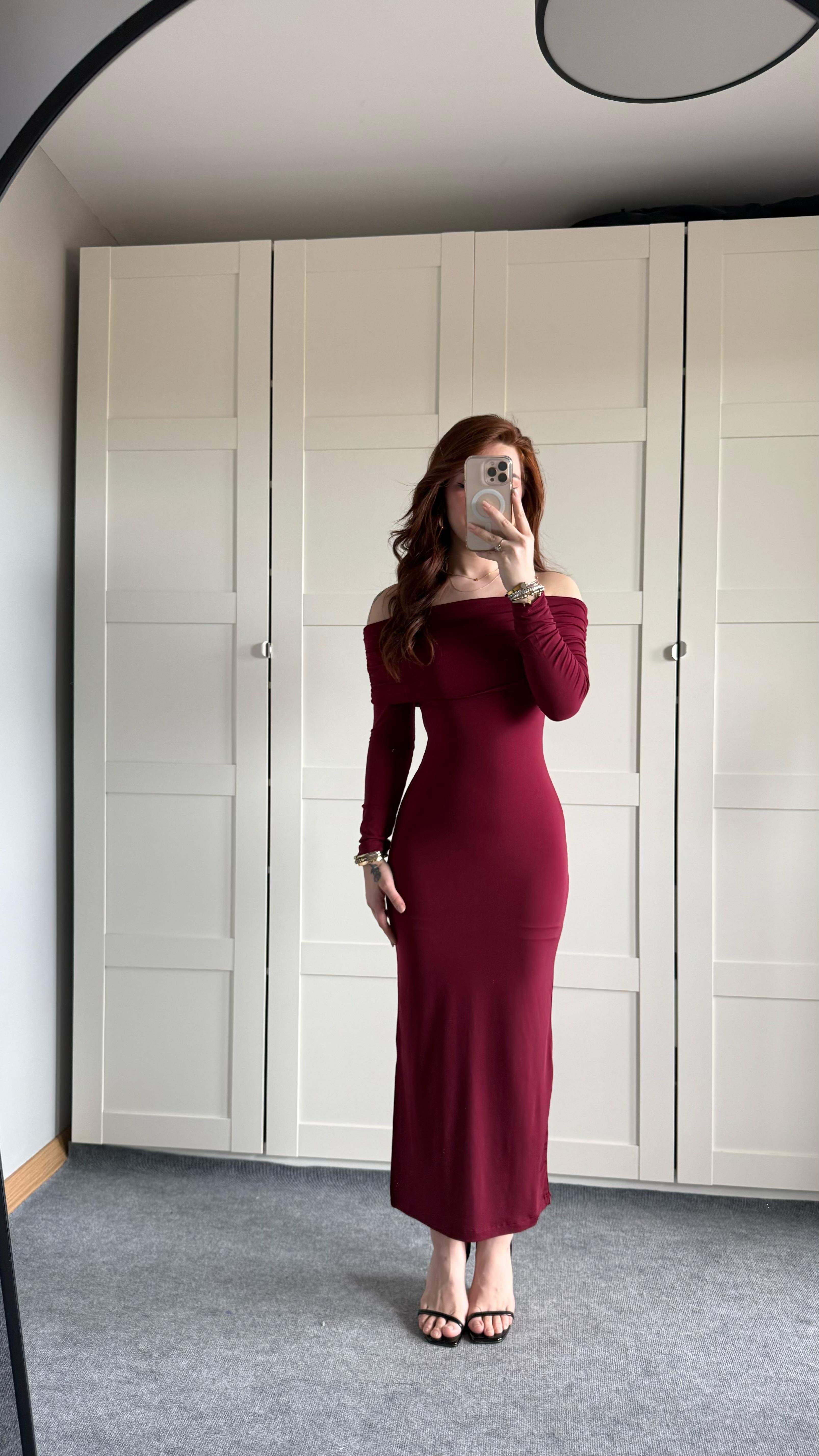 Leila Madonna Yaka Uzun Elbise Bordo