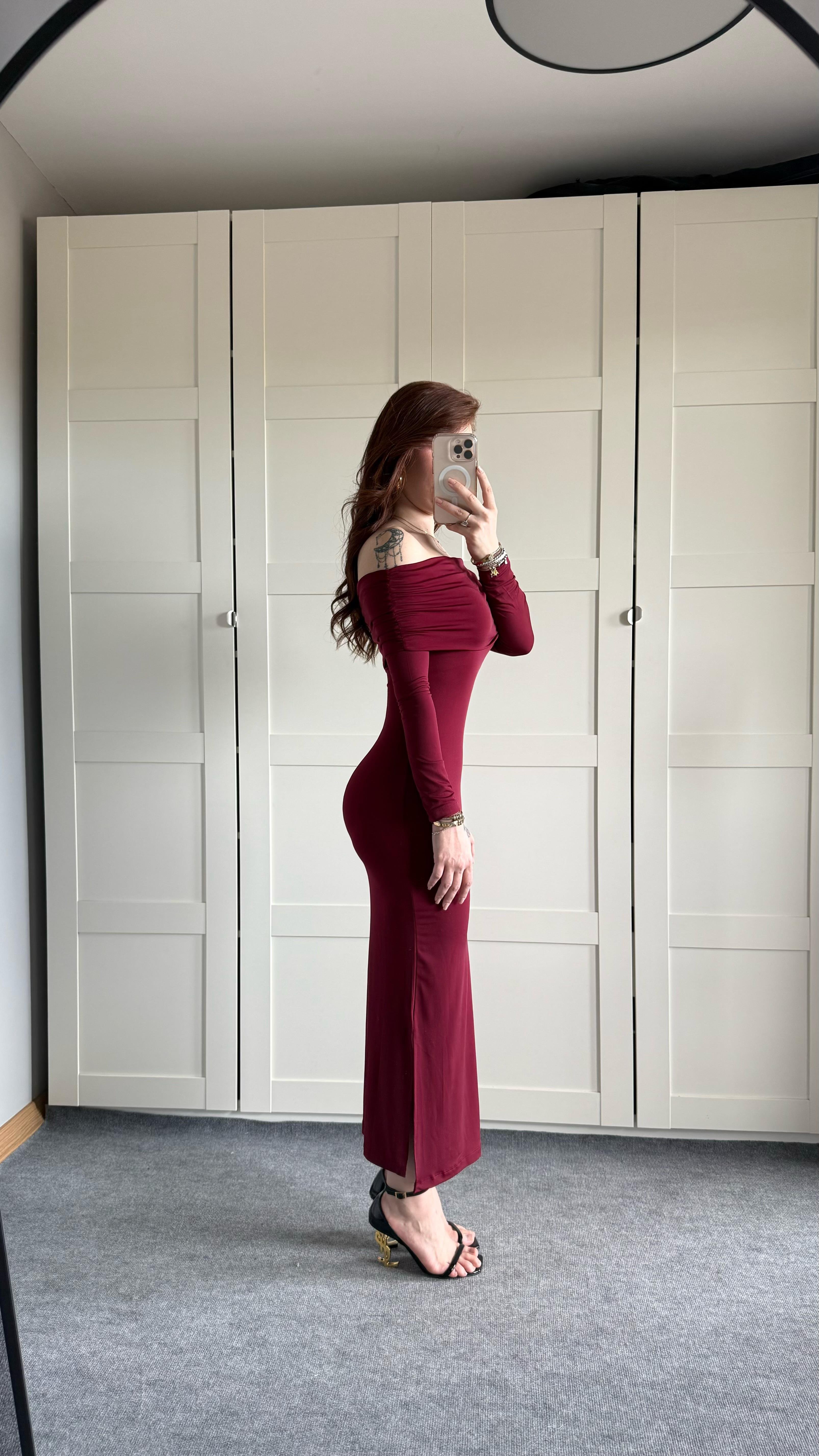 Leila Madonna Yaka Uzun Elbise Bordo